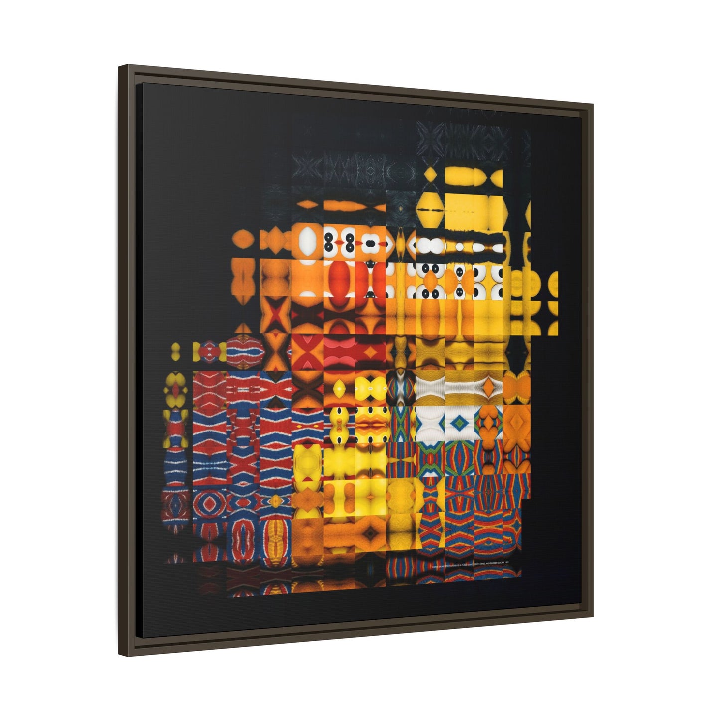 Iconic Domestic Partners in Plain Sight: Bert, Ernie, and Rubber Ducky Abstract Portrait Collage Art — Matte Canvas, Framed (Multi-color options)