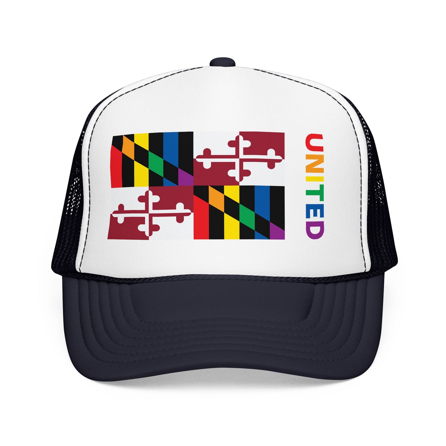 Maryland Rainbow Pride Flag "UNITED" Printed Foam Trucker Hat, Several Color Options