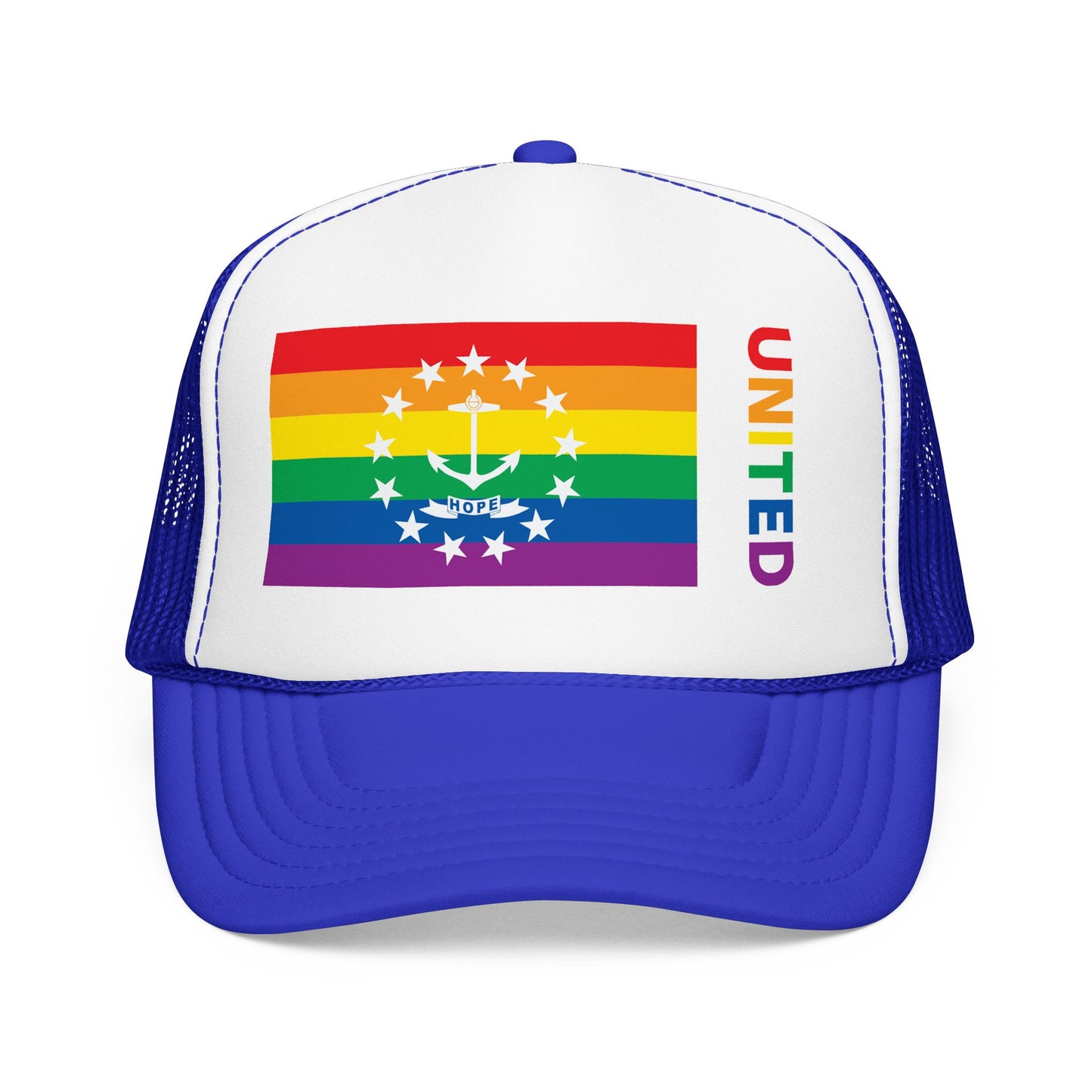 Rhode Island Rainbow Pride Flag "UNITED" Printed Foam Trucker Hat, Several Color Options
