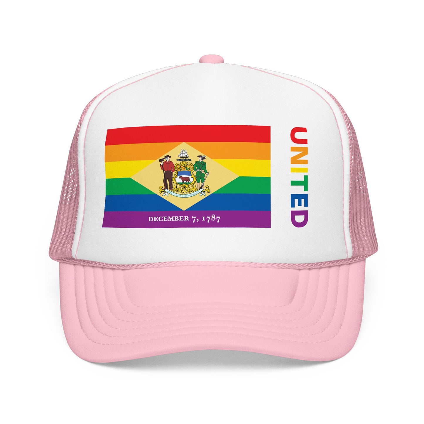 Delaware Rainbow Pride Flag "UNITED" Printed Foam Trucker Hat, Several Color Options