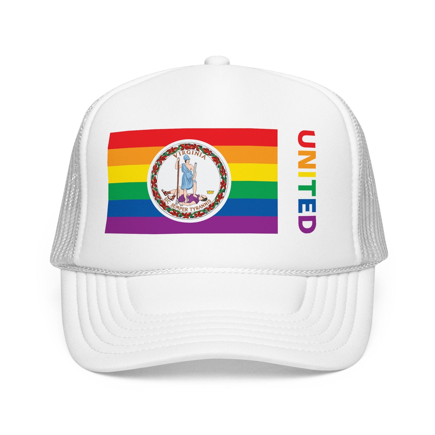 Virginia Rainbow Pride Flag "UNITED" Printed Foam Trucker Hat, Several Color Options