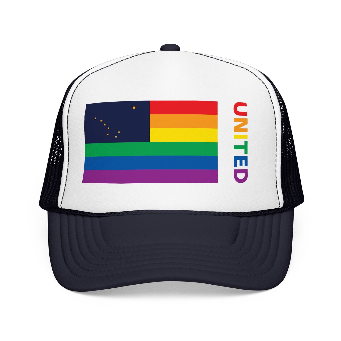 Alaska Rainbow Pride Flag "UNITED" Printed Foam Trucker Hat, Several Color Options