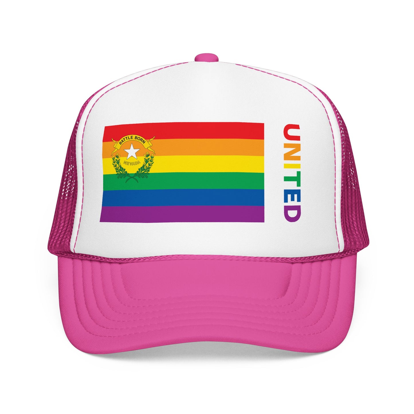 Nevada Rainbow Pride Flag "UNITED" Printed Foam Trucker Hat, Several Color Options