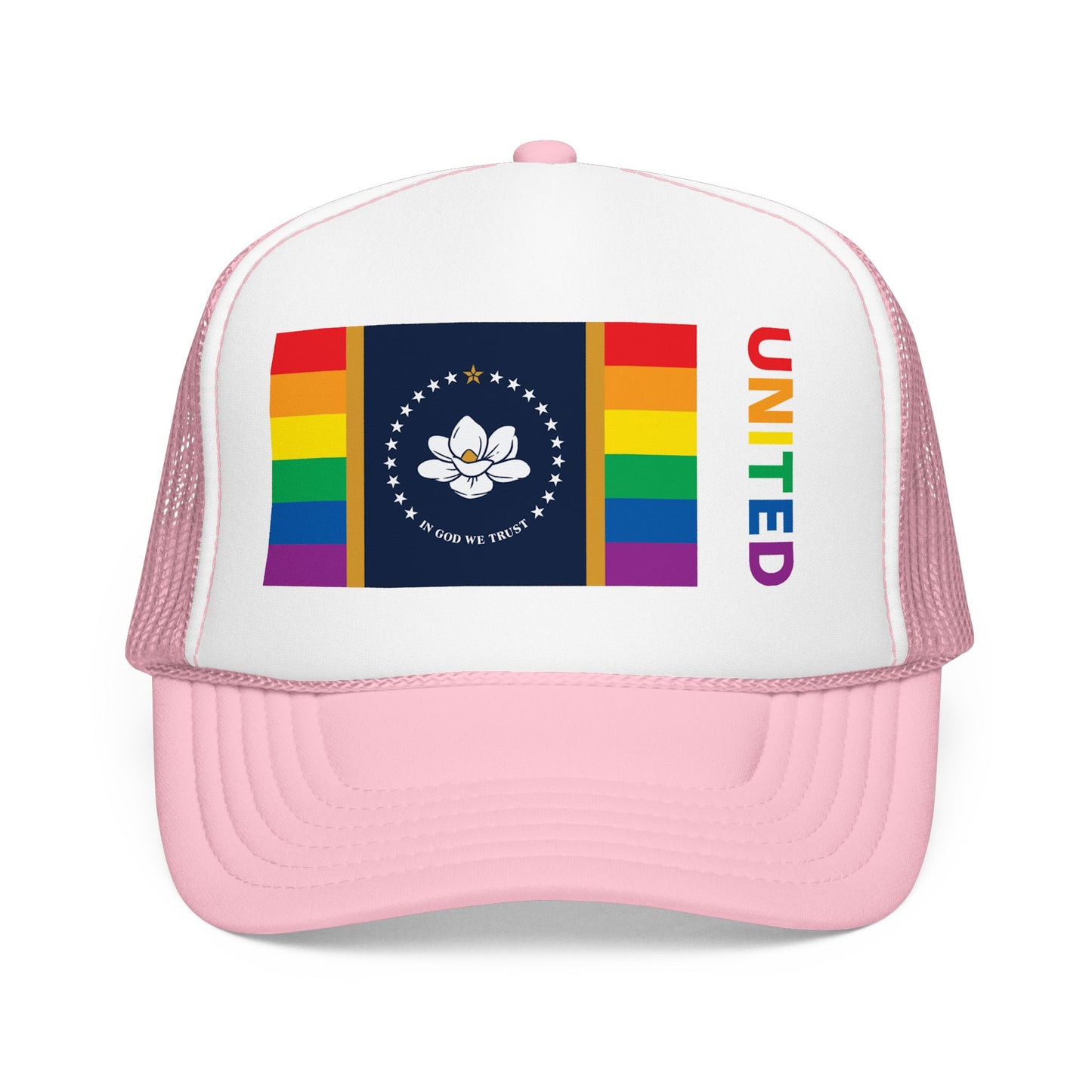 Mississippi Rainbow Pride Flag "UNITED" Printed Foam Trucker Hat, Several Color Options