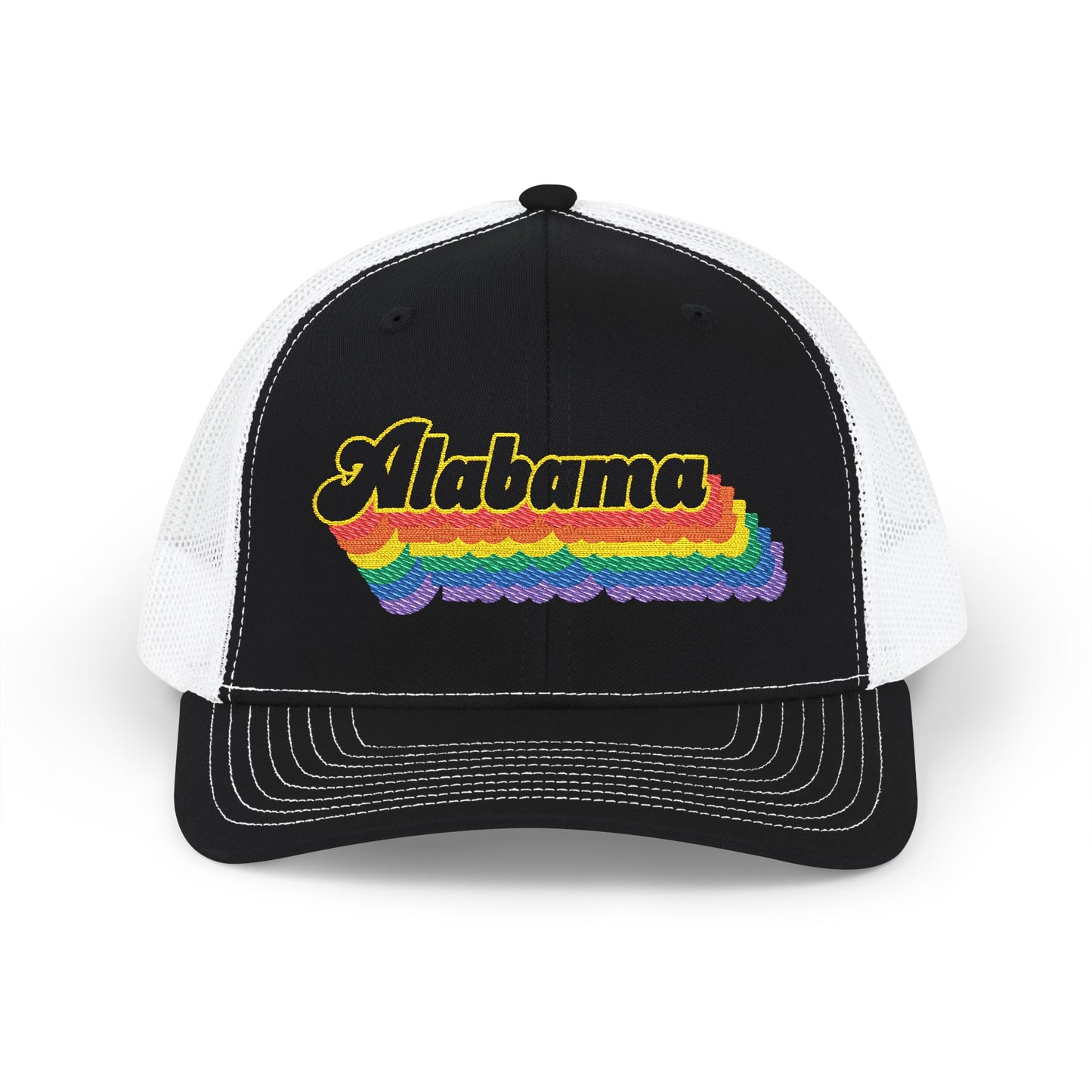 Alabama Retro Rainbow Stack Embroidered Trucker, Snapback Trucker Cap, Black front with White mesh in back