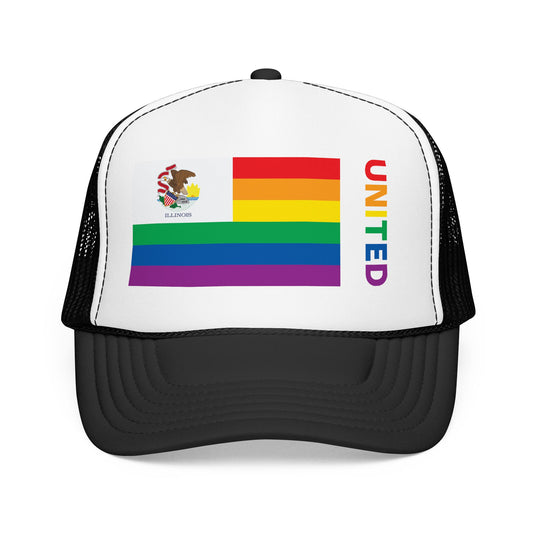 Illinois Rainbow Pride Flag "UNITED" Printed Foam Trucker Hat, Several Color Options