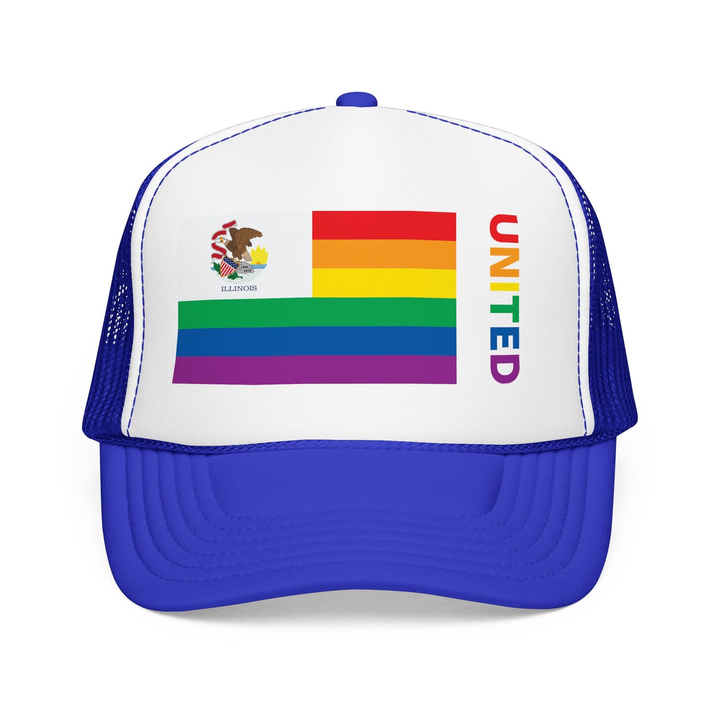 Illinois Rainbow Pride Flag "UNITED" Printed Foam Trucker Hat, Several Color Options