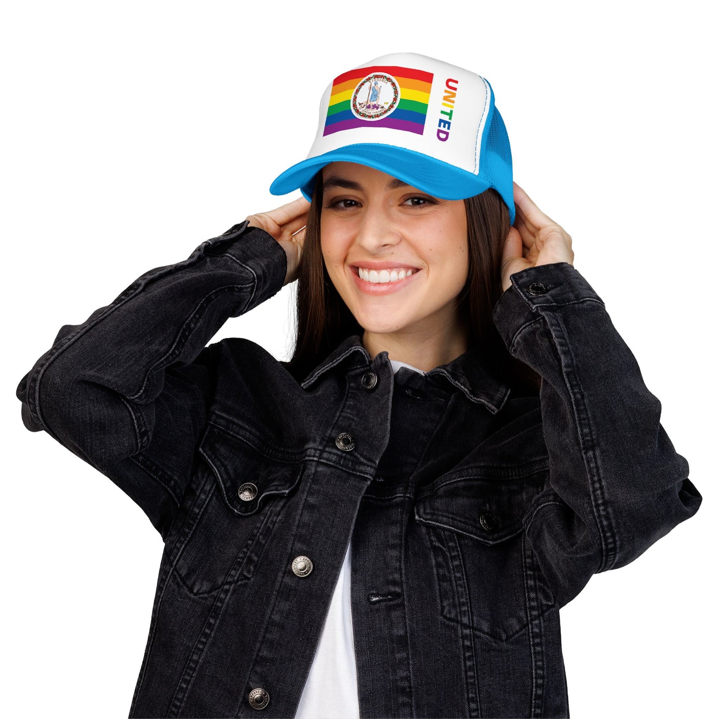 Virginia Rainbow Pride Flag "UNITED" Printed Foam Trucker Hat, Several Color Options