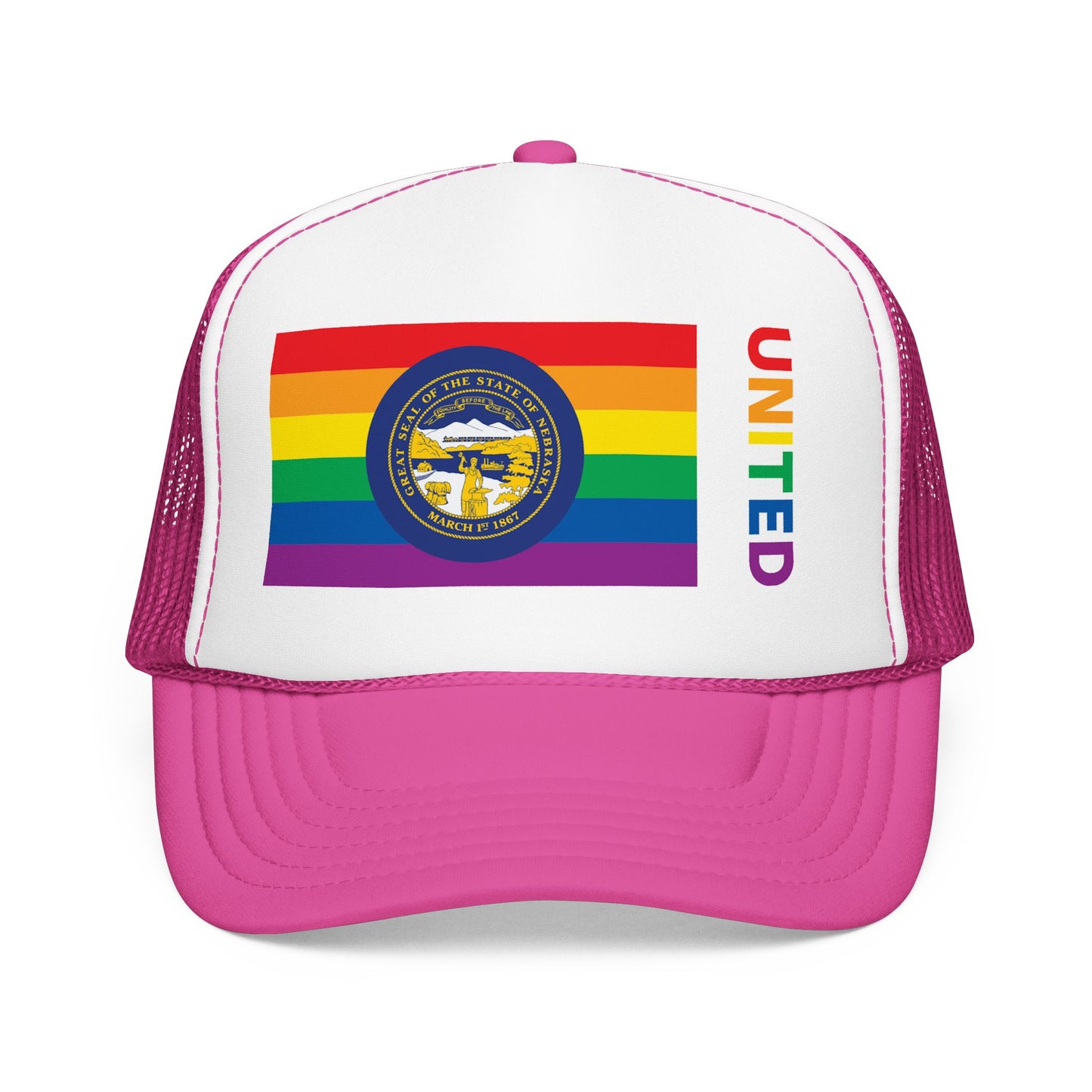 Nebraska Rainbow Pride Flag "UNITED" Printed Foam Trucker Hat, Several Color Options