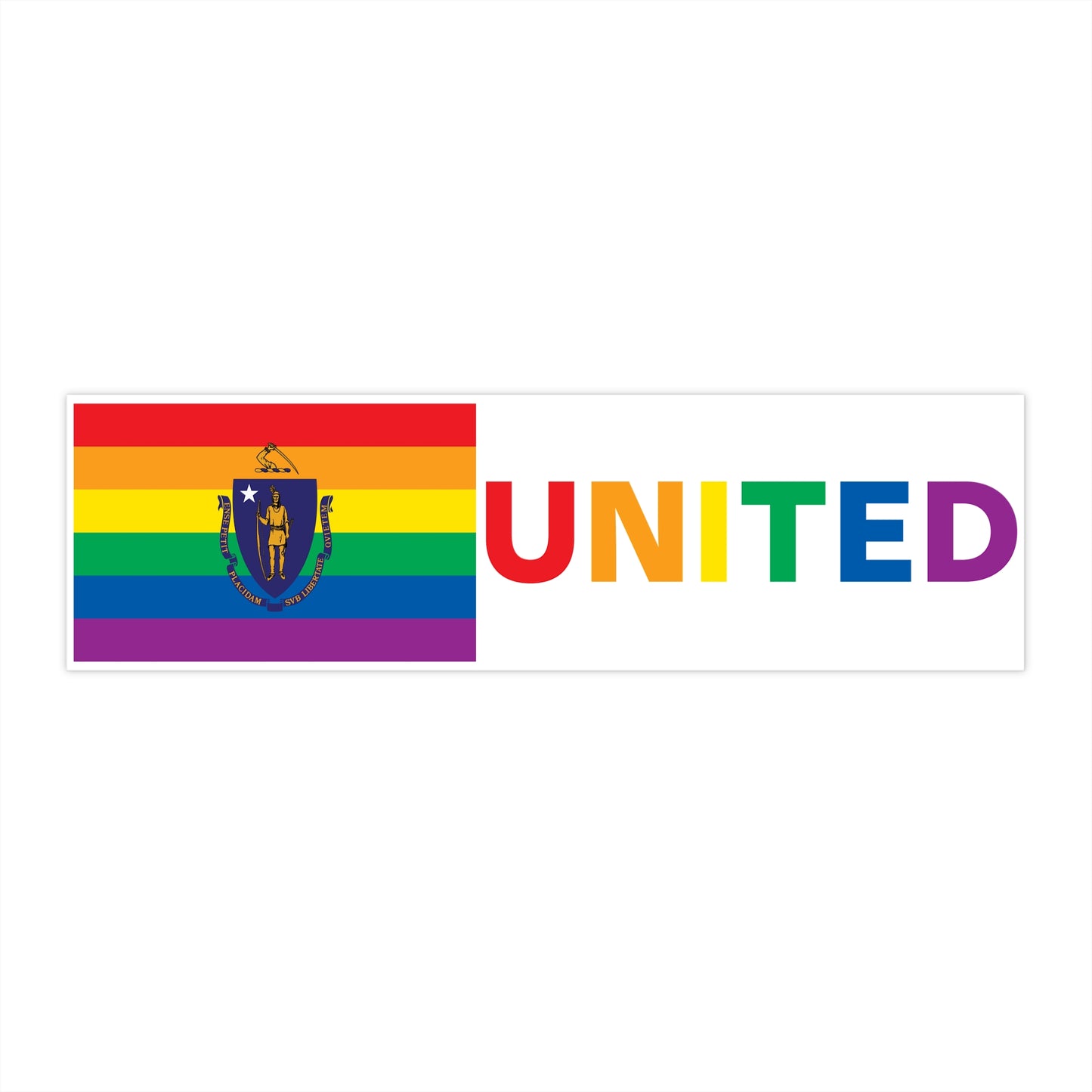 Massachusetts Rainbow Pride Flag "UNITED" Bumper Sticker