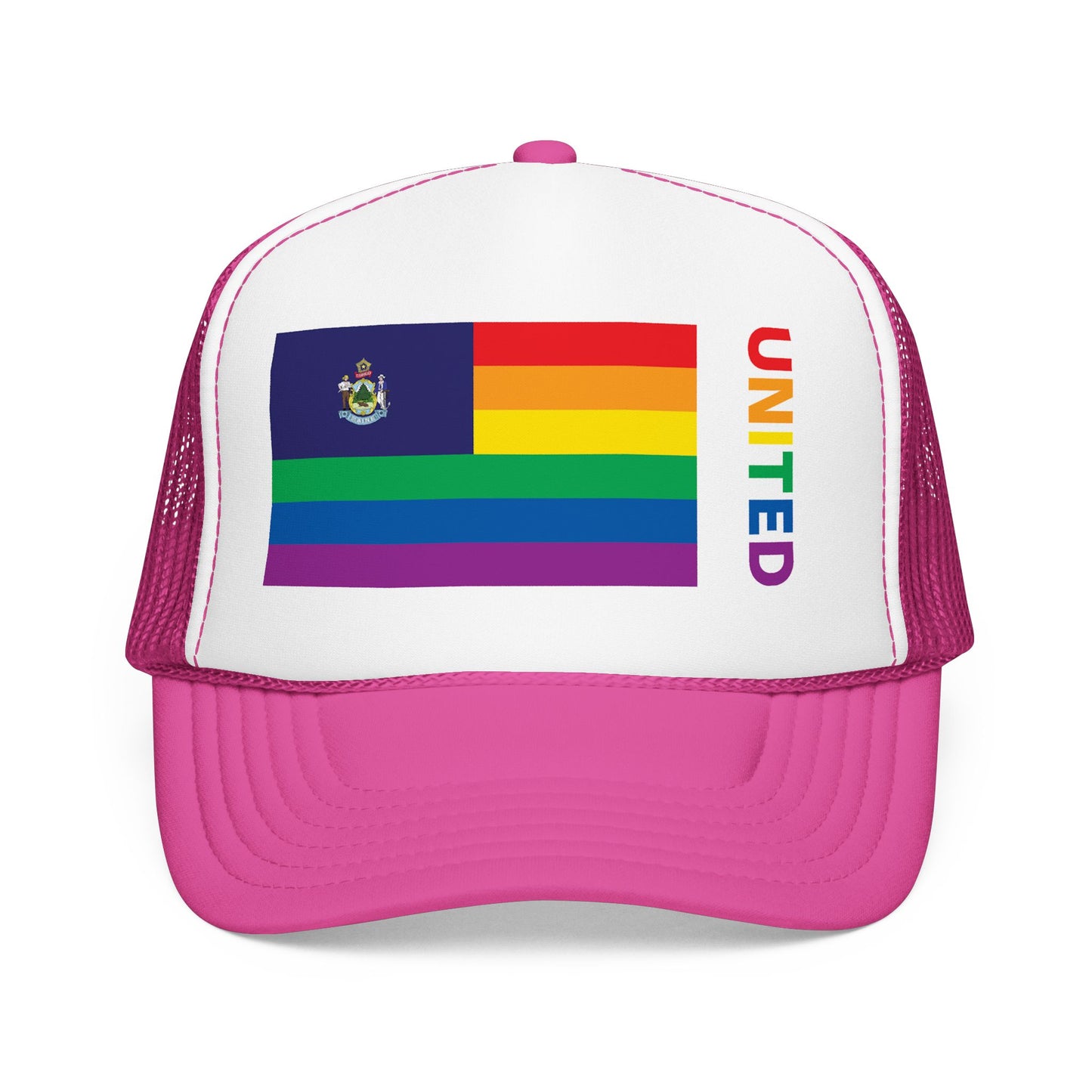 Maine Rainbow Pride Flag "UNITED" Printed Foam Trucker Hat, Several Color Options