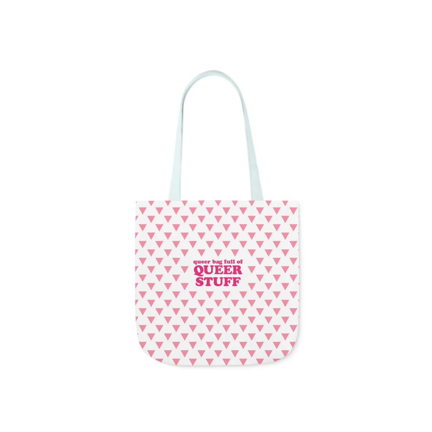 Queer Bag Full of QUEER STUFF Canvas Tote Bag - White with Pink Deck; Straps in White, Light Blue and Light Pink