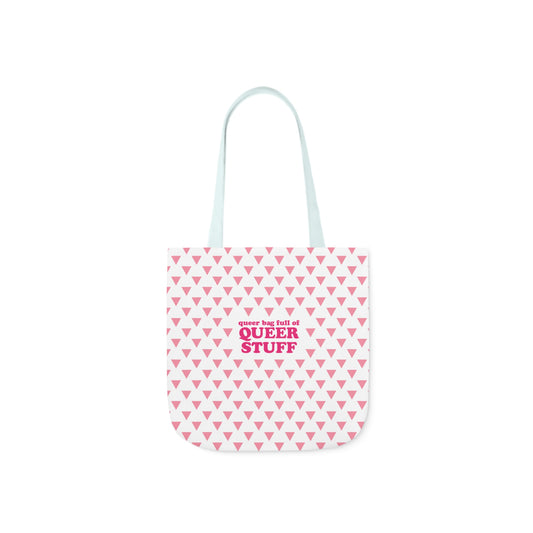 Queer Bag Full of QUEER STUFF Canvas Tote Bag - White with Pink Deck; Straps in White, Light Blue and Light Pink