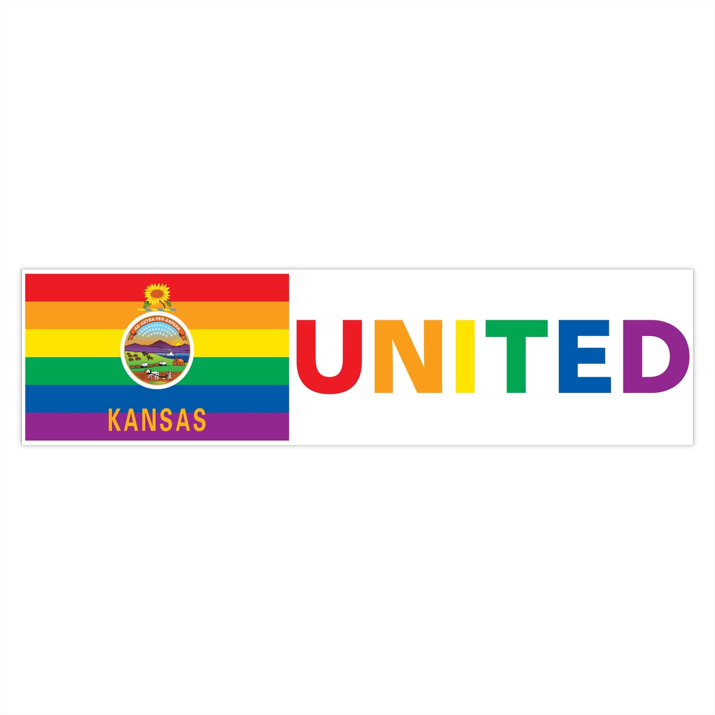 Kansas Rainbow Pride Flag "UNITED" Bumper Sticker