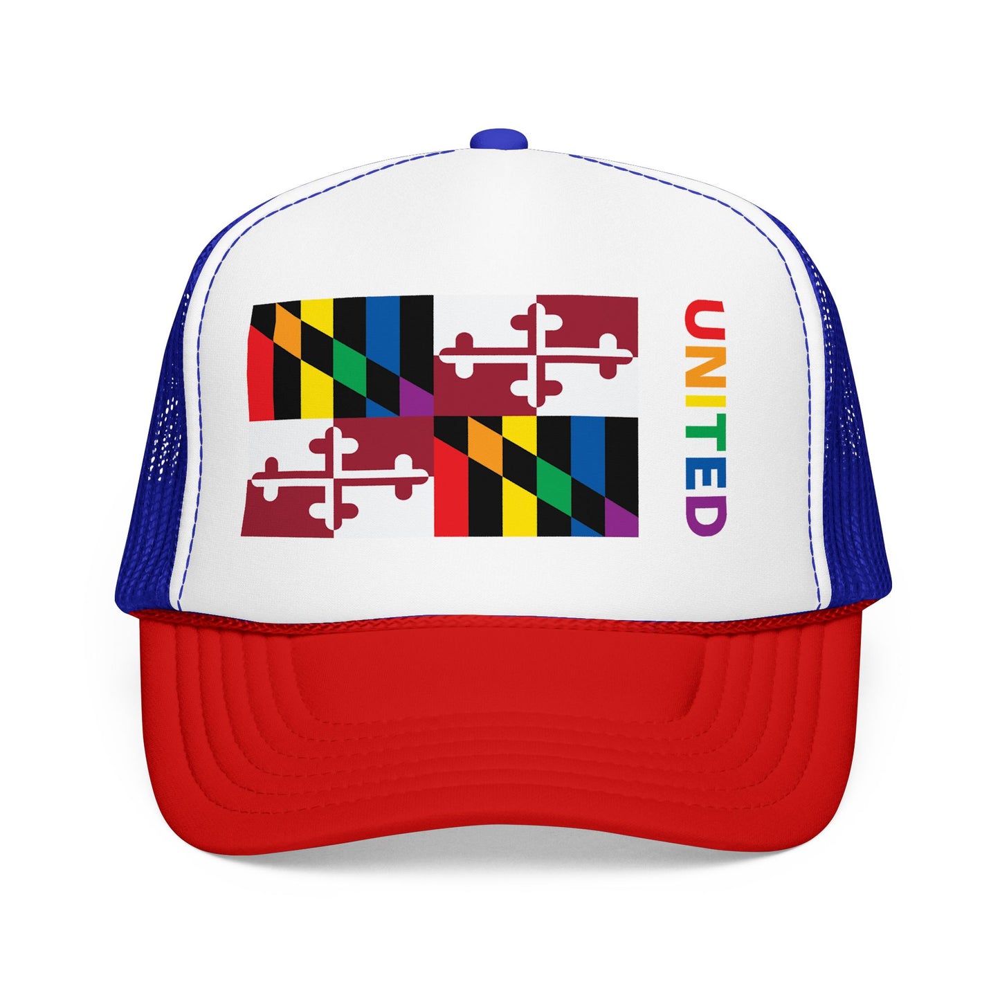 Maryland Rainbow Pride Flag "UNITED" Printed Foam Trucker Hat, Several Color Options