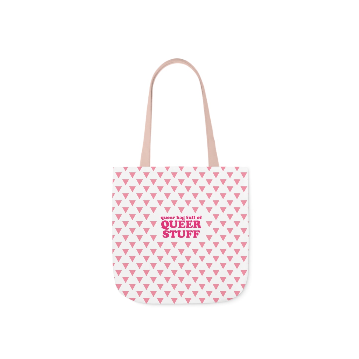 Queer Bag Full of QUEER STUFF Canvas Tote Bag - White with Pink Deck; Straps in White, Light Blue and Light Pink