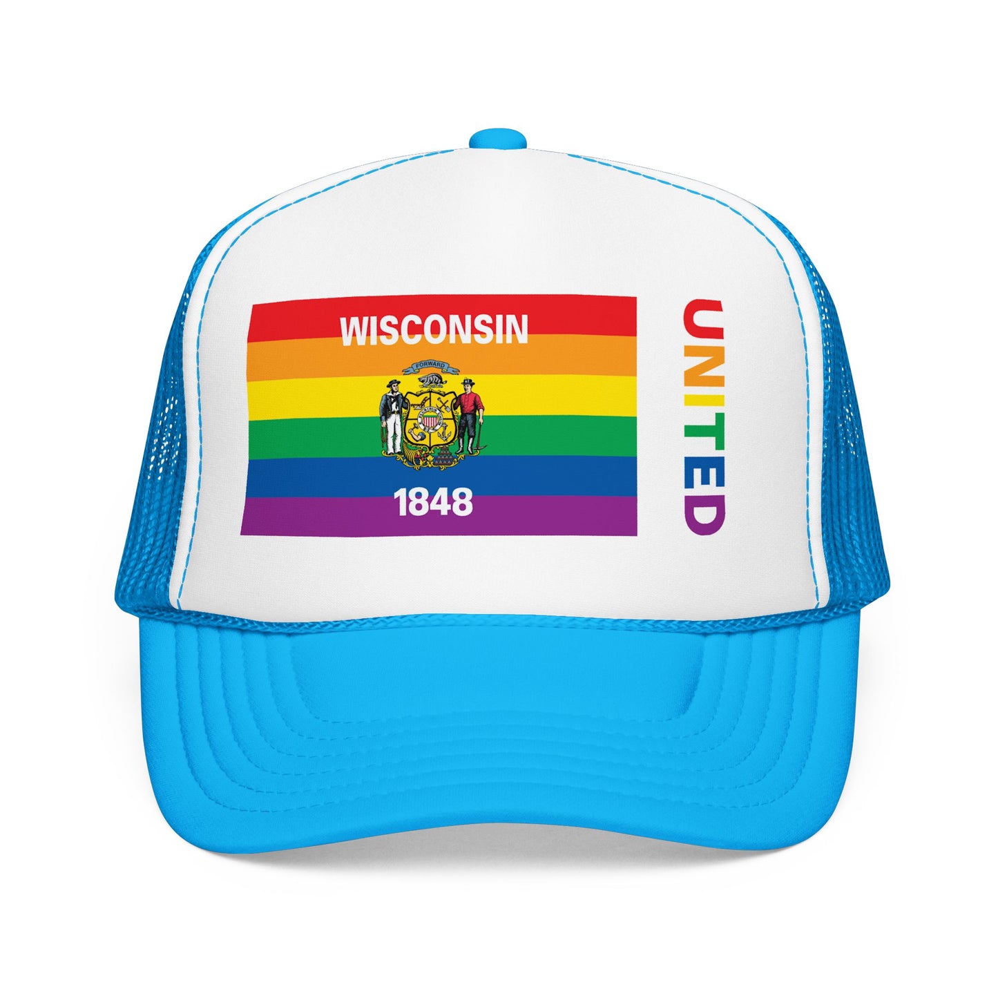 Wisconsin Rainbow Pride Flag "UNITED" Printed Foam Trucker Hat, Several Color Options
