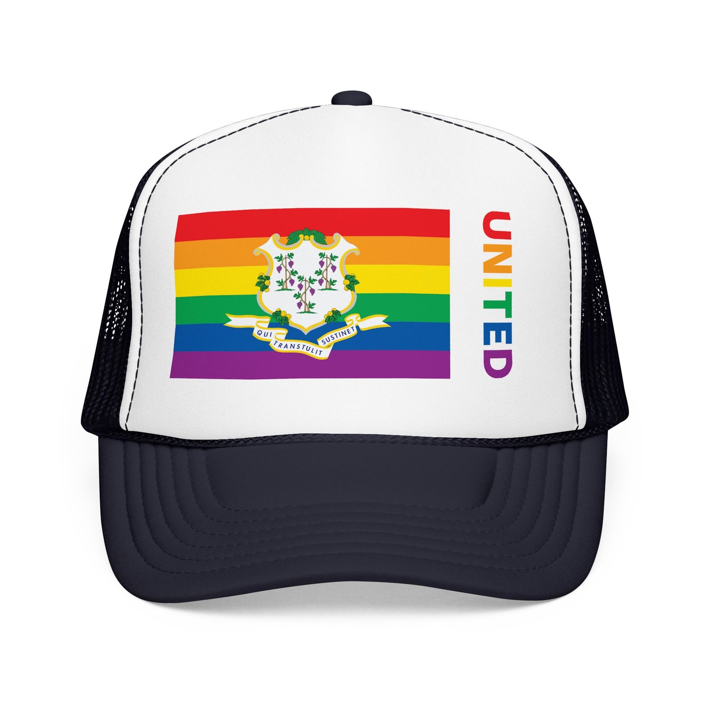 Connecticut Rainbow Pride Flag "UNITED" Printed Foam Trucker Hat, Several Color Options