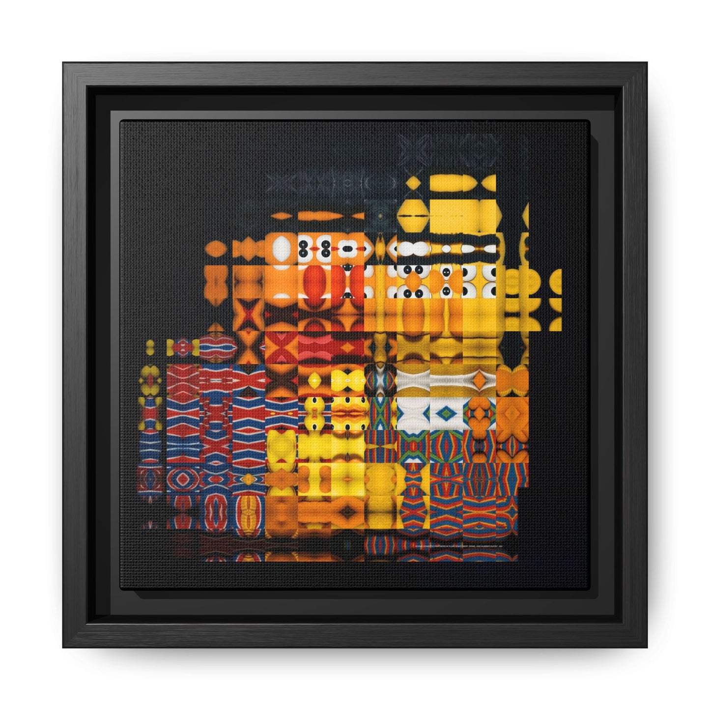 Iconic Domestic Partners in Plain Sight: Bert, Ernie, and Rubber Ducky Abstract Portrait Collage Art — Matte Canvas, Framed (Multi-color options)