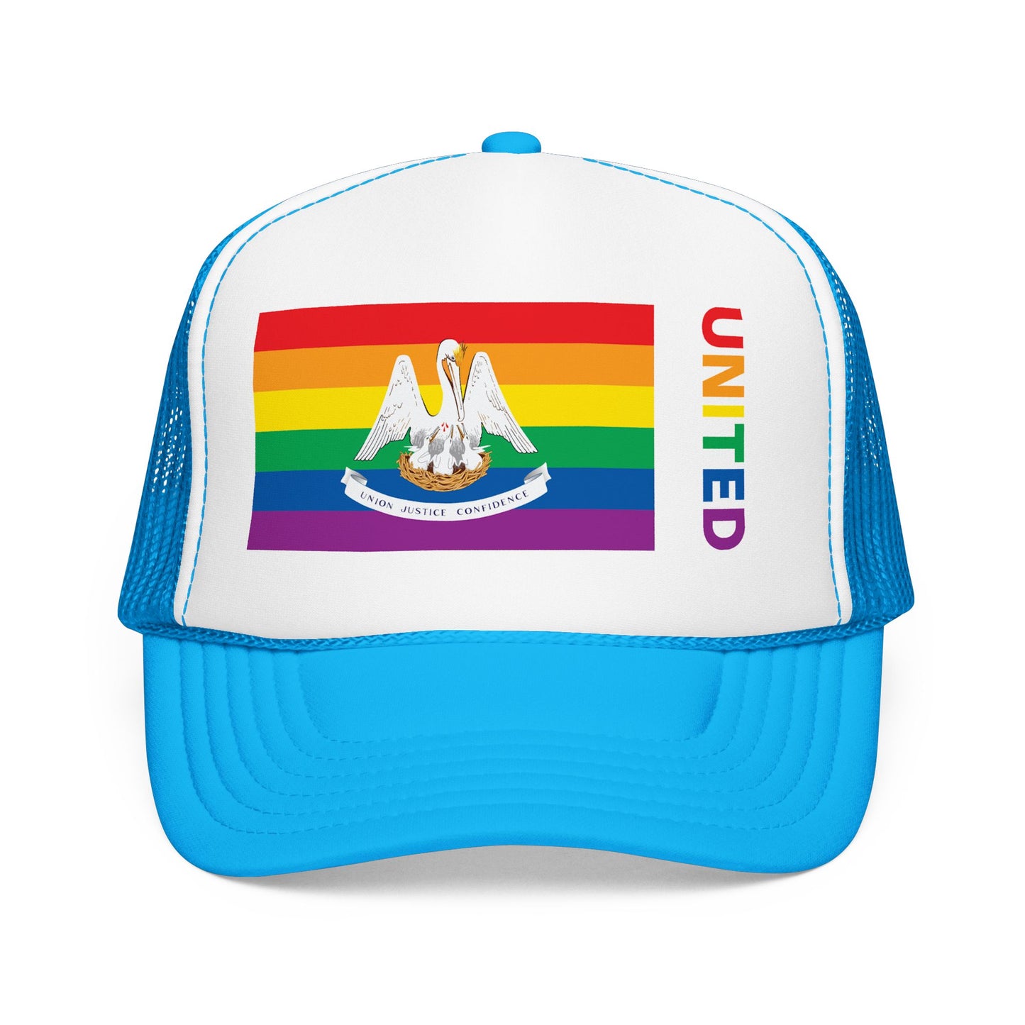 Louisiana Rainbow Pride Flag "UNITED" Printed Foam Trucker Hat, Several Color Options