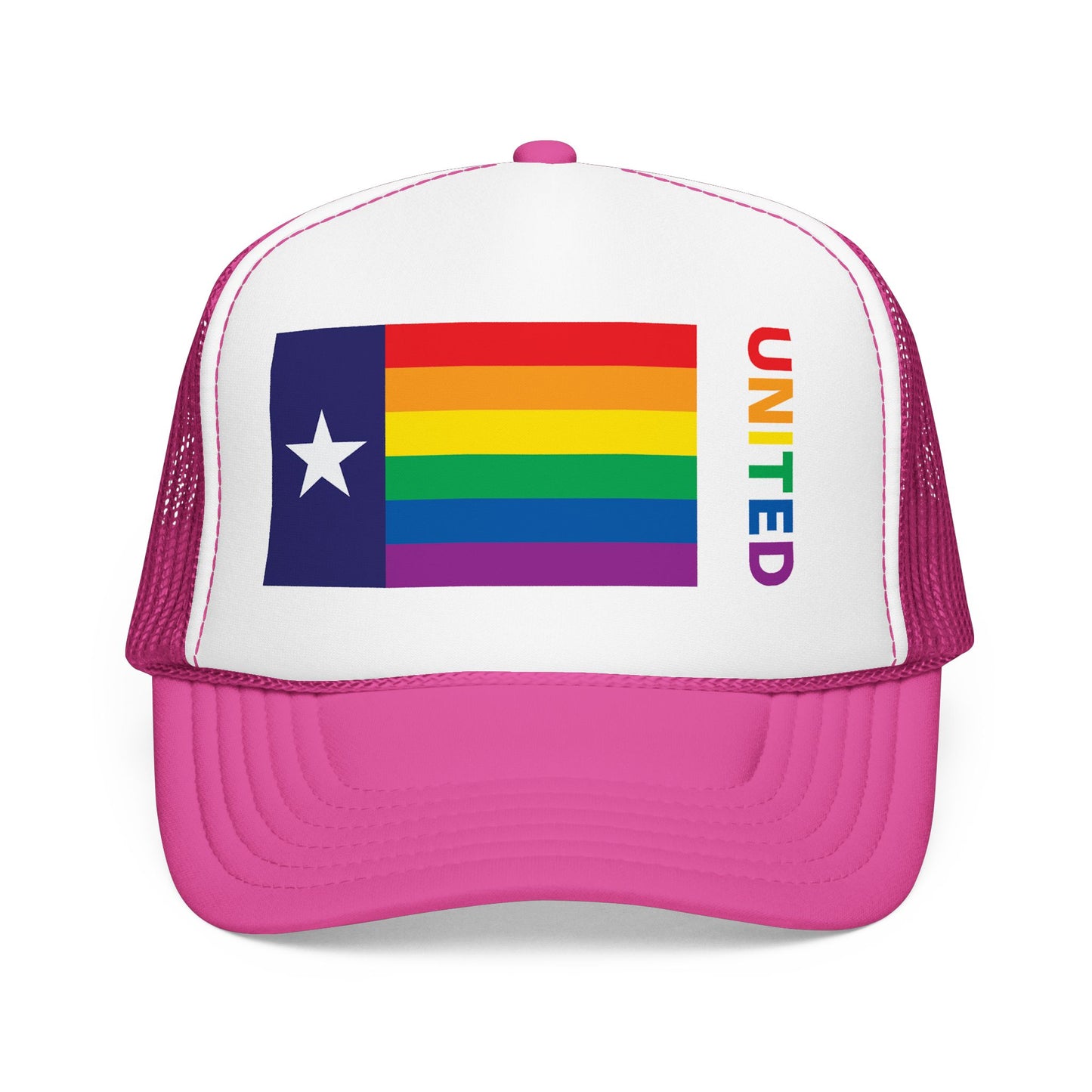 Texas Rainbow Pride Flag "UNITED" Printed Foam Trucker Hat, Several Color Options