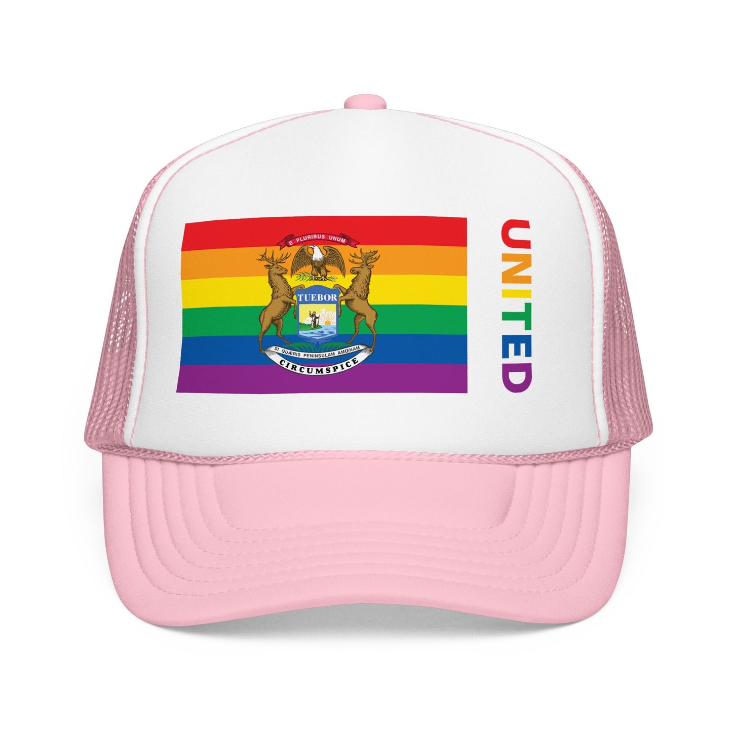 Michigan Rainbow Pride Flag "UNITED" Printed Foam Trucker Hat, Several Color Options