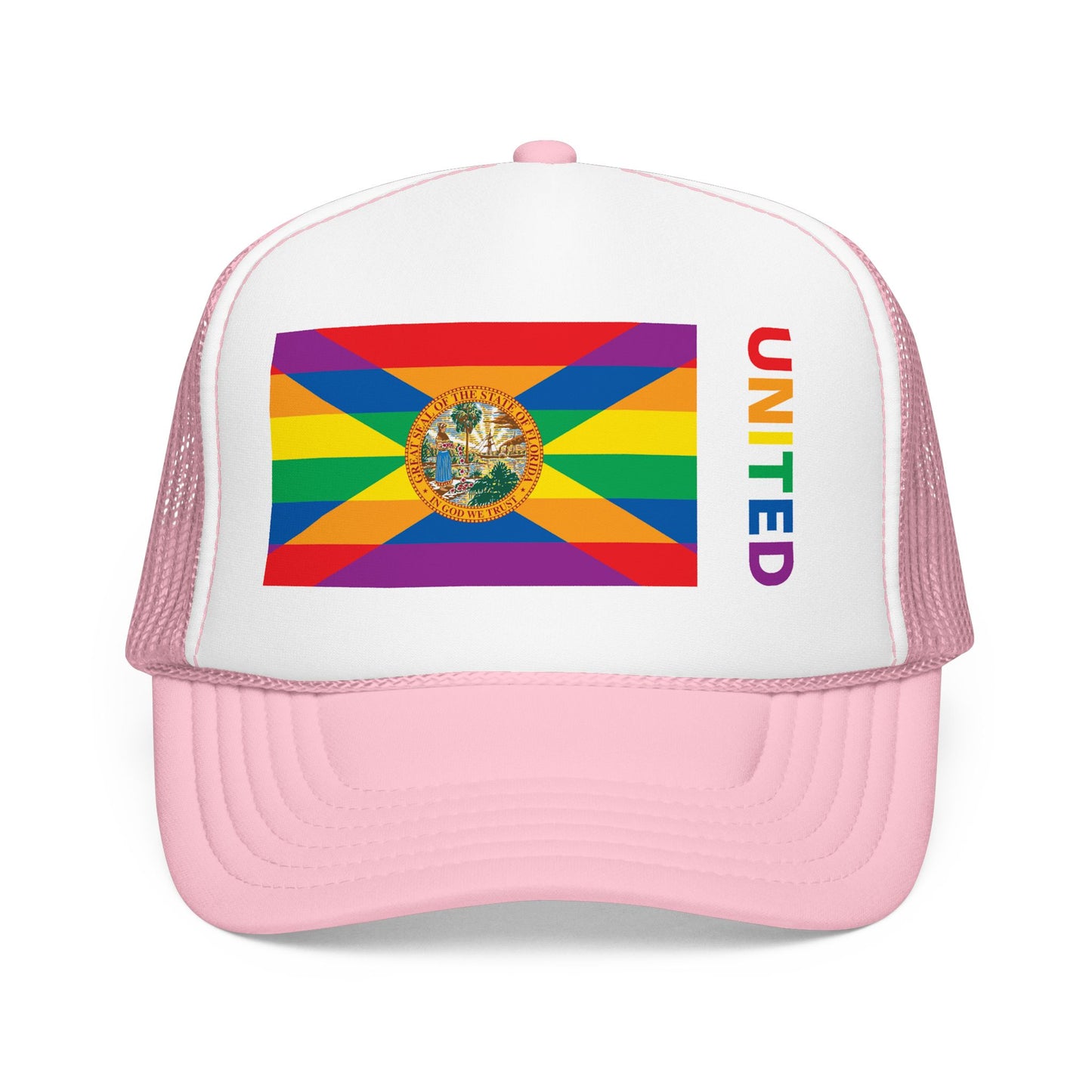 Florida Rainbow Pride Flag "UNITED" Printed Foam Trucker Hat, Several Color Options
