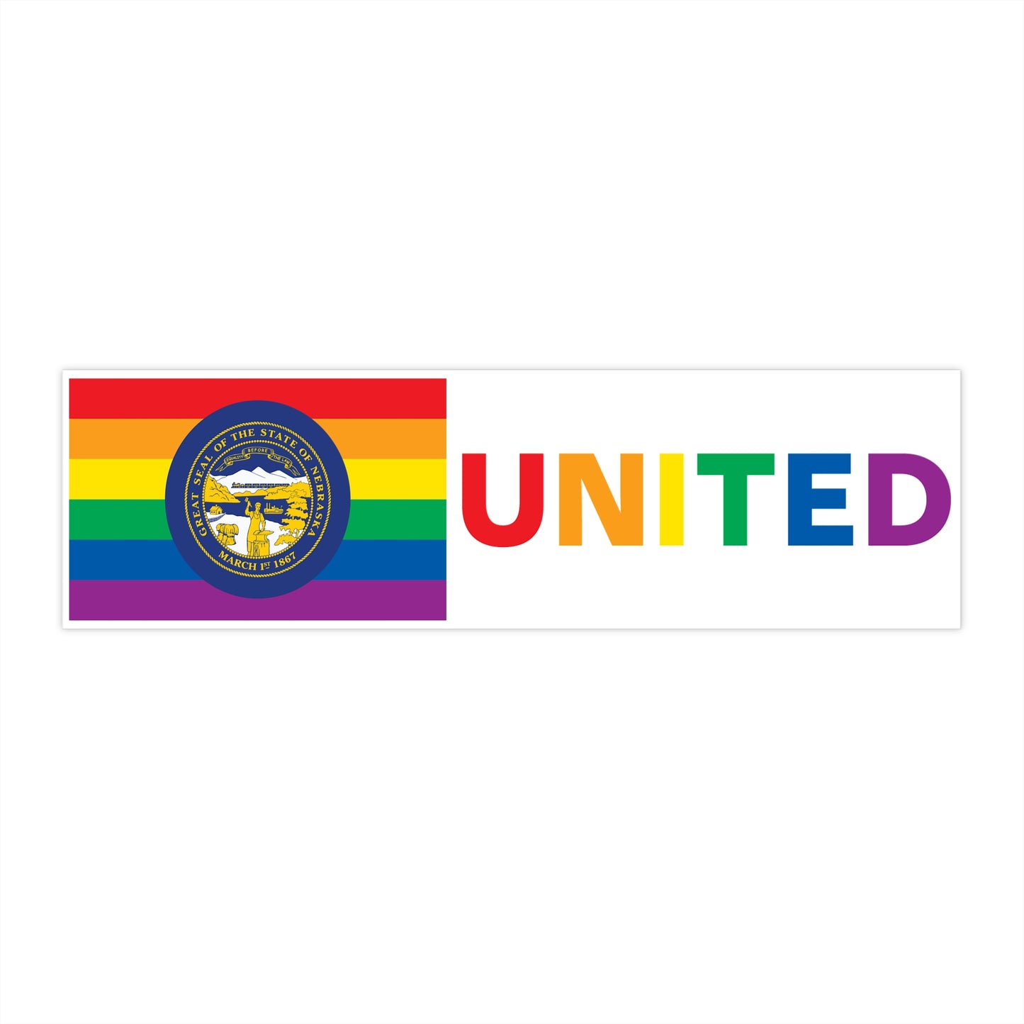 Nebraska Rainbow Pride Flag "UNITED" Bumper Sticker