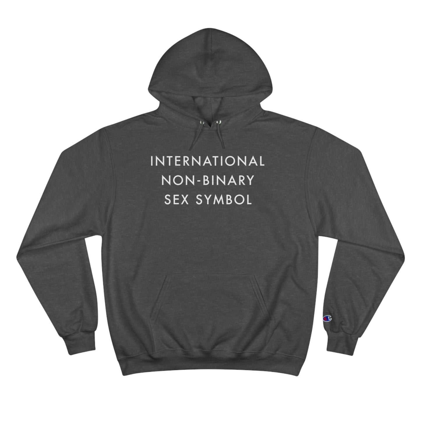 International Non-Binary Sex Symbol Champion Hoodie - Black and Charcoal Heather with White Deco