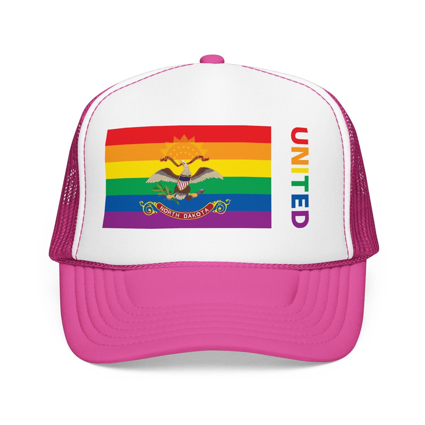 North Dakota Rainbow Pride Flag "UNITED" Printed Foam Trucker Hat, Several Color Options