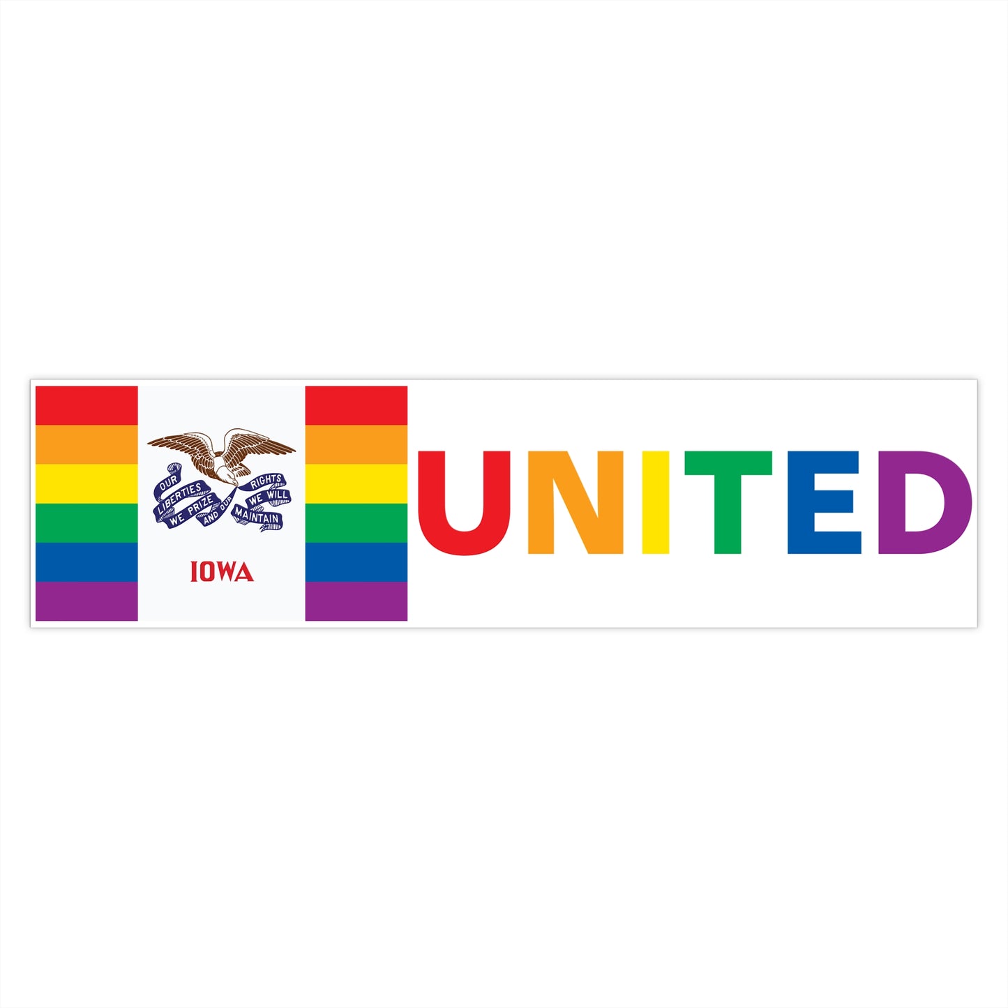 Iowa Rainbow Pride Flag "UNITED" Bumper Sticker
