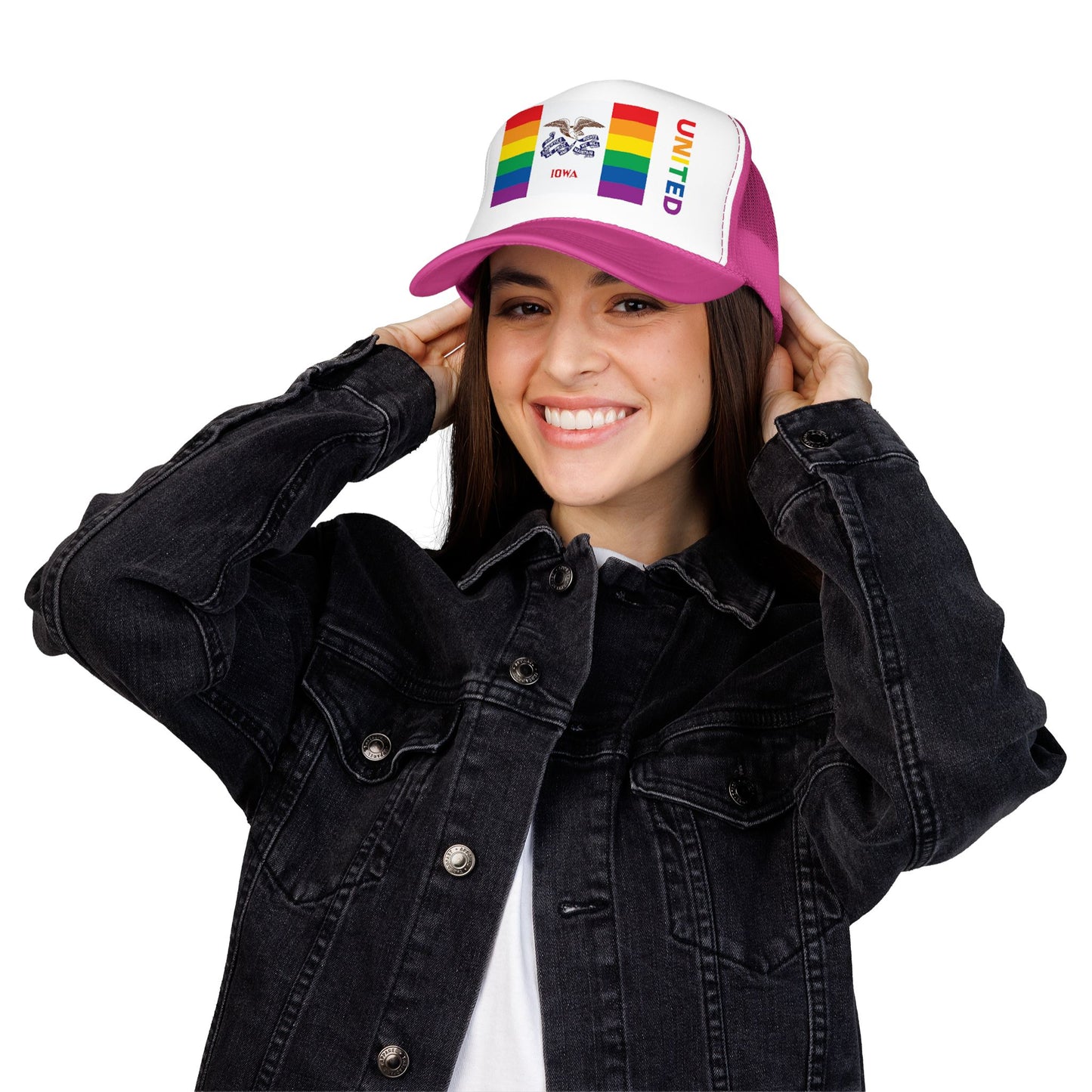 Iowa Rainbow Pride Flag "UNITED" Printed Foam Trucker Hat, Several Color Options