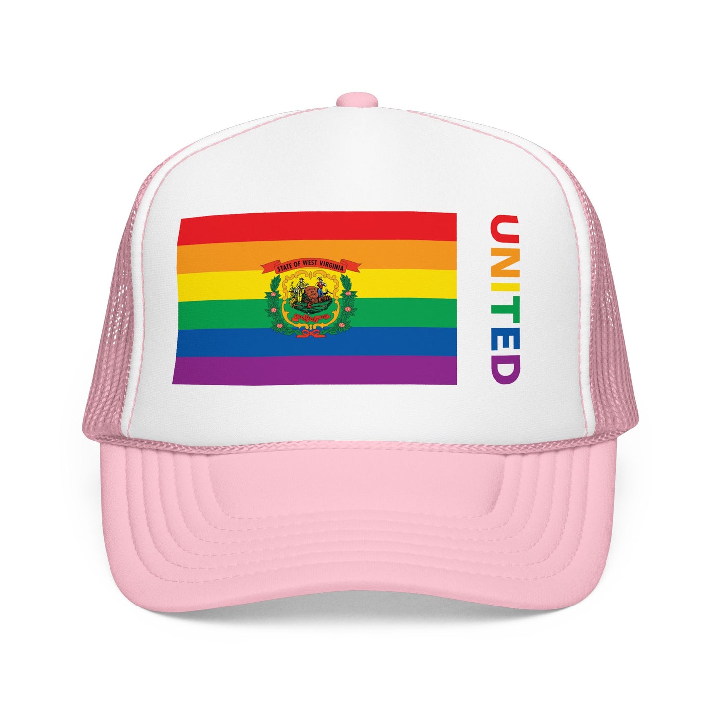 West Virginia Rainbow Pride Flag "UNITED" Printed Foam Trucker Hat, Several Color Options