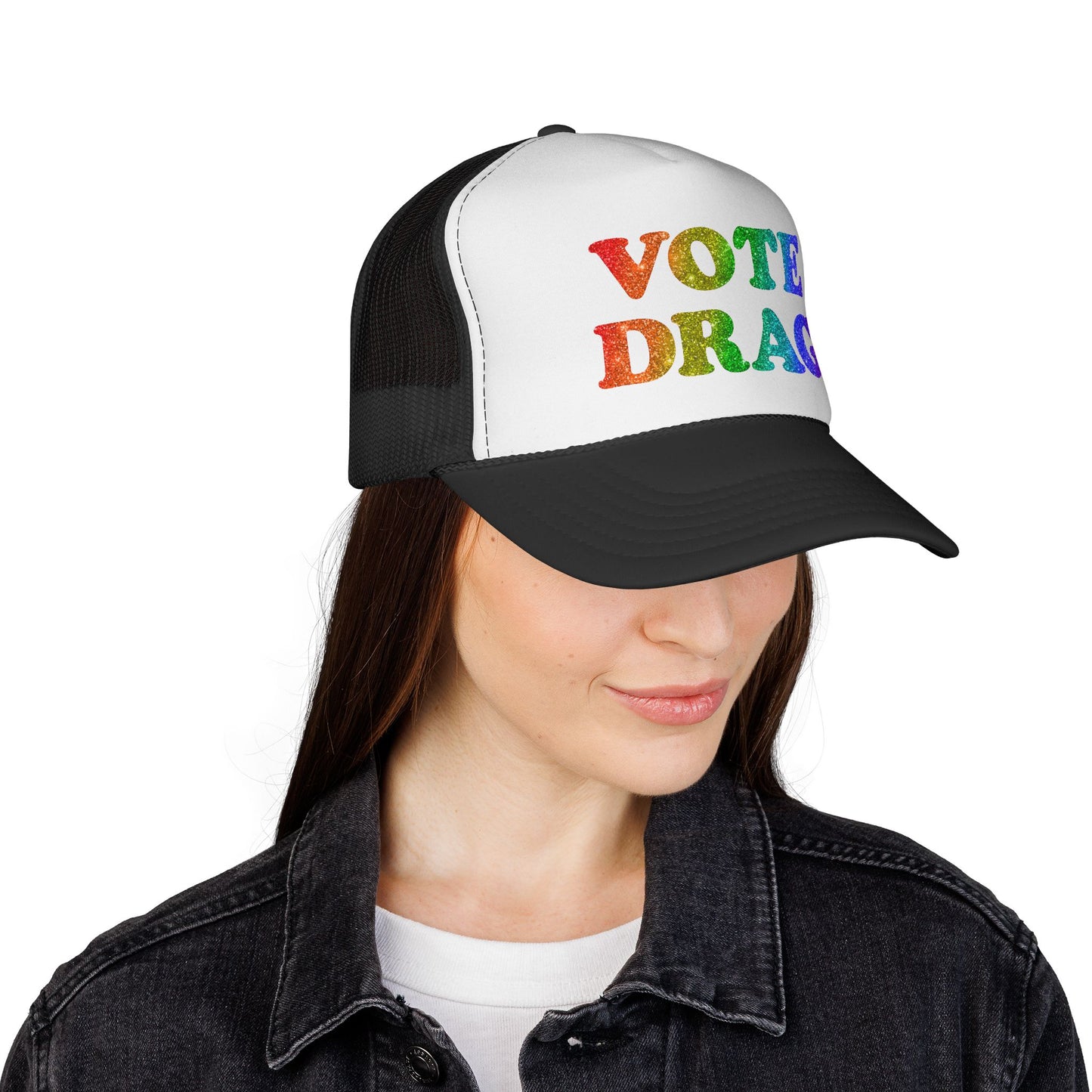 VOTE DRAG Trucker Cap: Rainbow Glitter — Drag Visibility & Creative Freedom Statement Hat