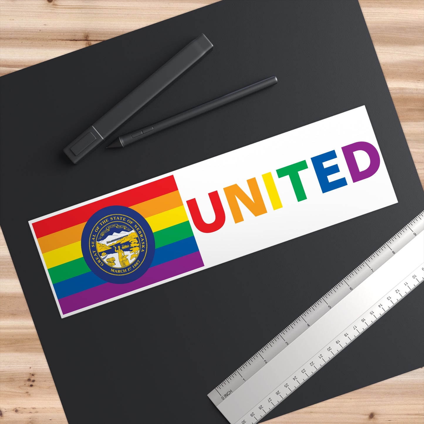 Nebraska Rainbow Pride Flag "UNITED" Bumper Sticker