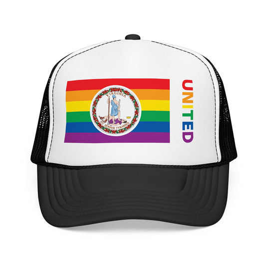 Virginia Rainbow Pride Flag "UNITED" Printed Foam Trucker Hat, Several Color Options