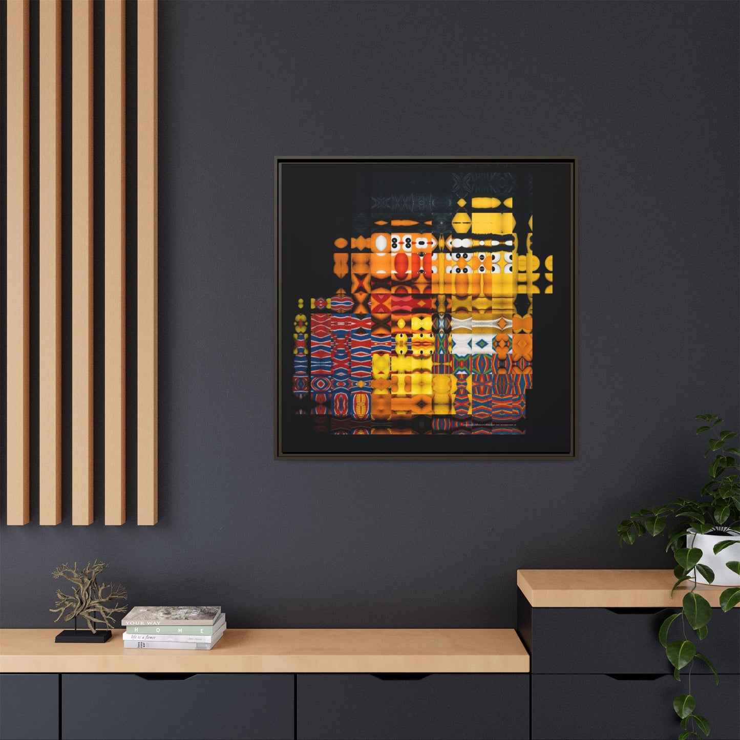 Iconic Domestic Partners in Plain Sight: Bert, Ernie, and Rubber Ducky Abstract Portrait Collage Art — Matte Canvas, Framed (Multi-color options)