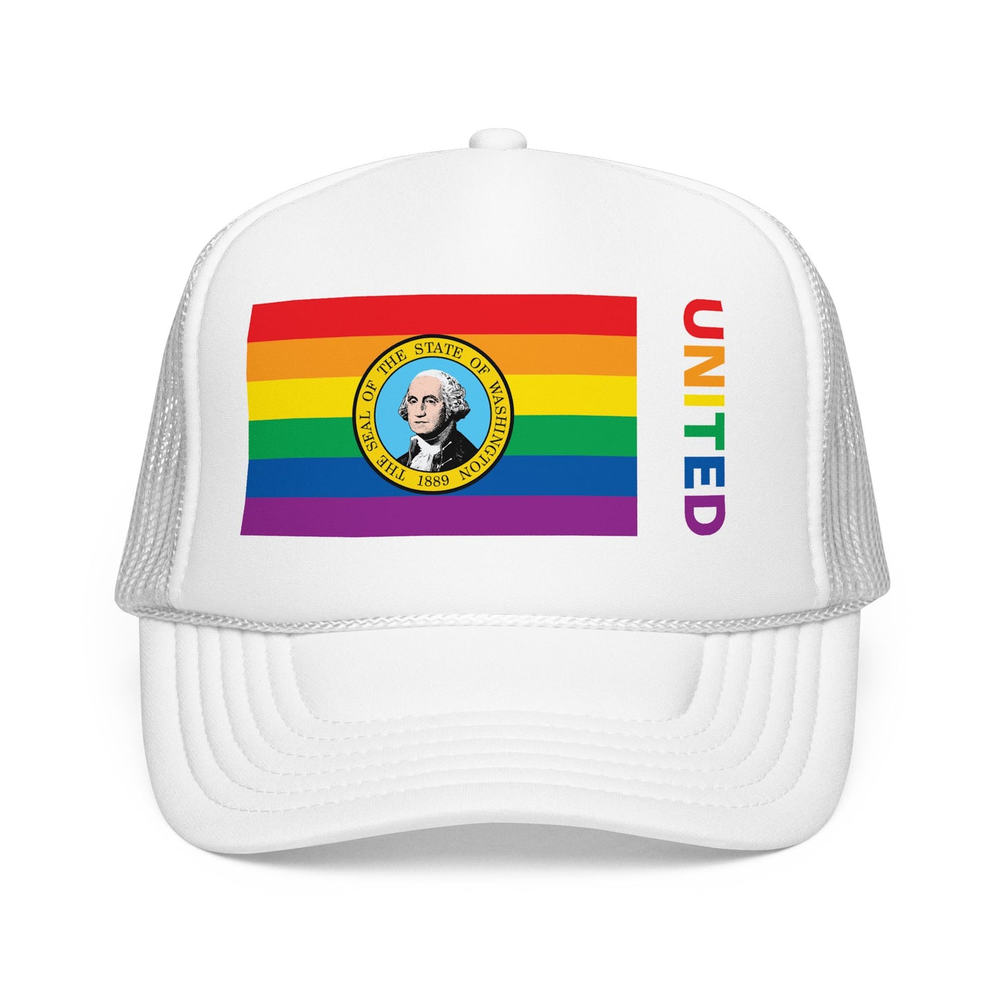 Washington Rainbow Pride Flag "UNITED" Printed Foam Trucker Hat, Several Color Options