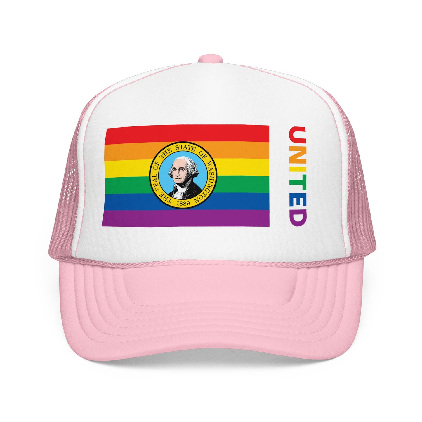 Washington Rainbow Pride Flag "UNITED" Printed Foam Trucker Hat, Several Color Options