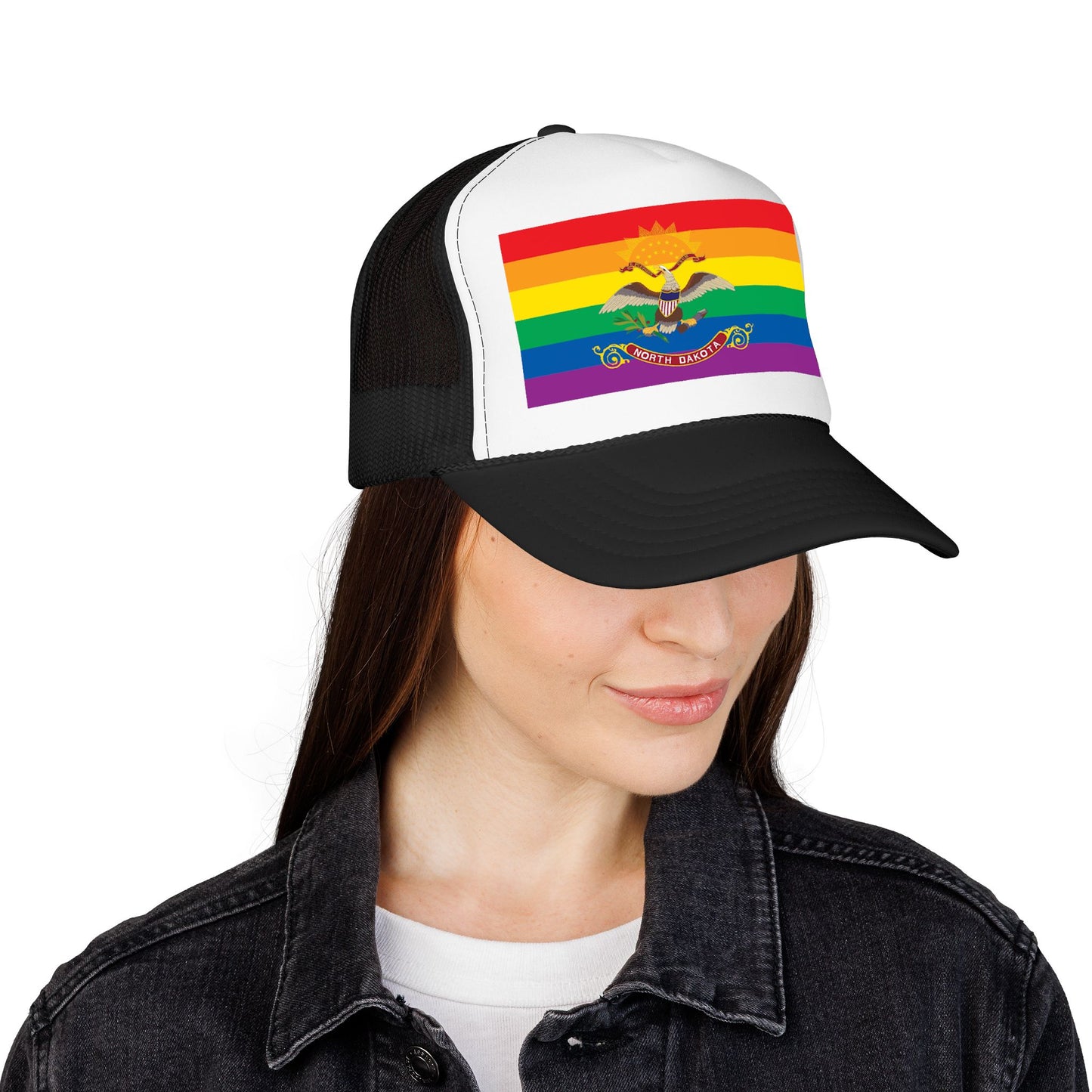 North Dakota Rainbow Pride Flag "UNITED" Printed Foam Trucker Hat, Several Color Options