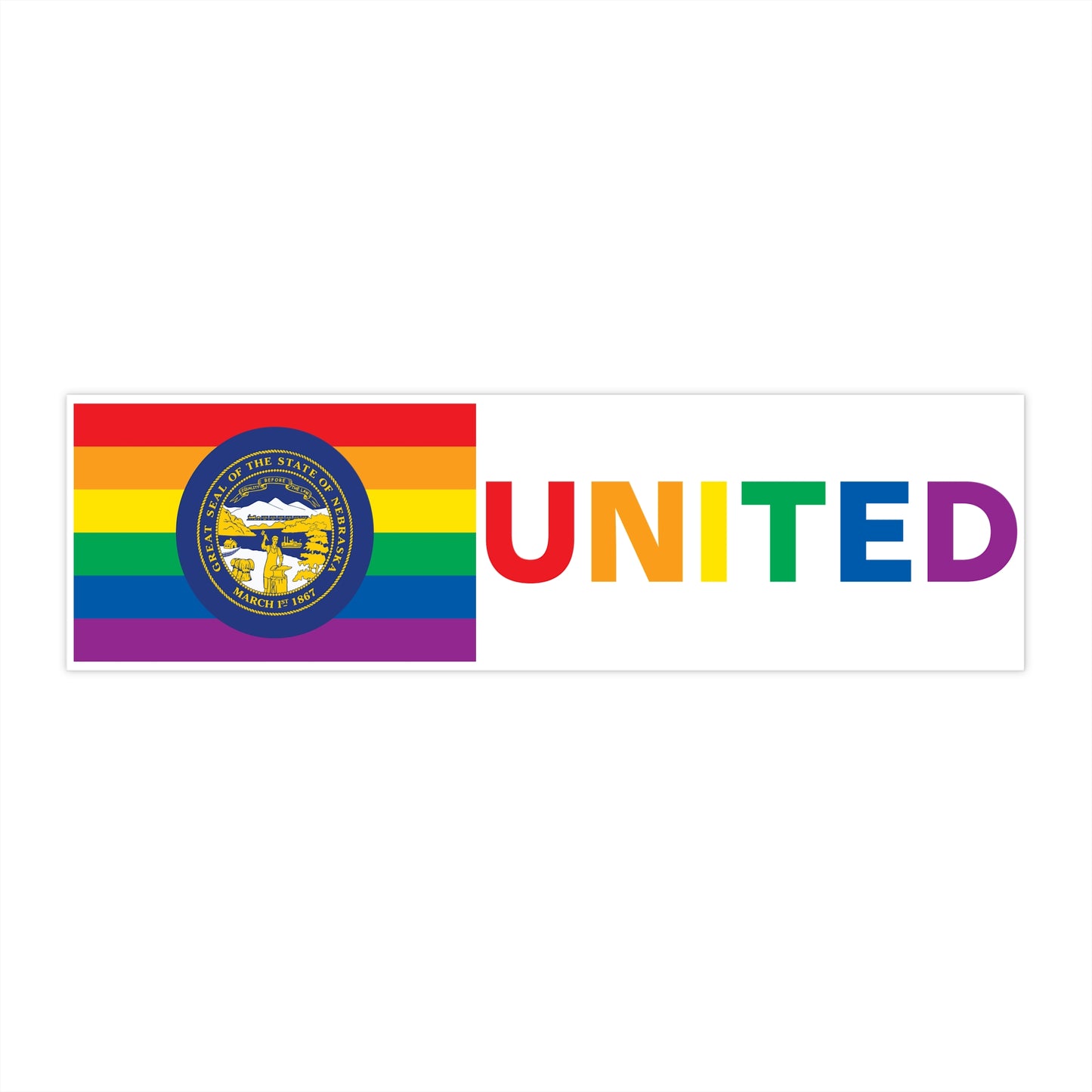 Nebraska Rainbow Pride Flag "UNITED" Bumper Sticker