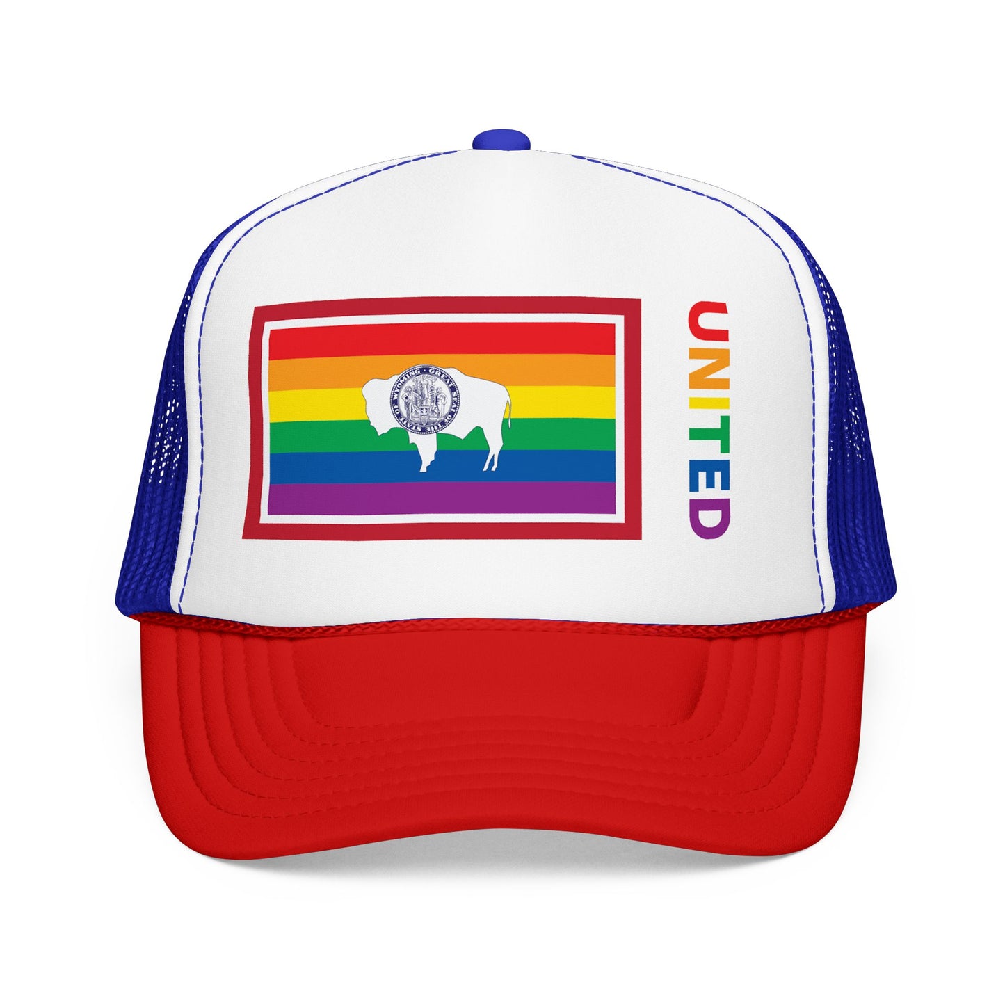 Wyoming Rainbow Pride Flag "UNITED" Printed Foam Trucker Hat, Several Color Options