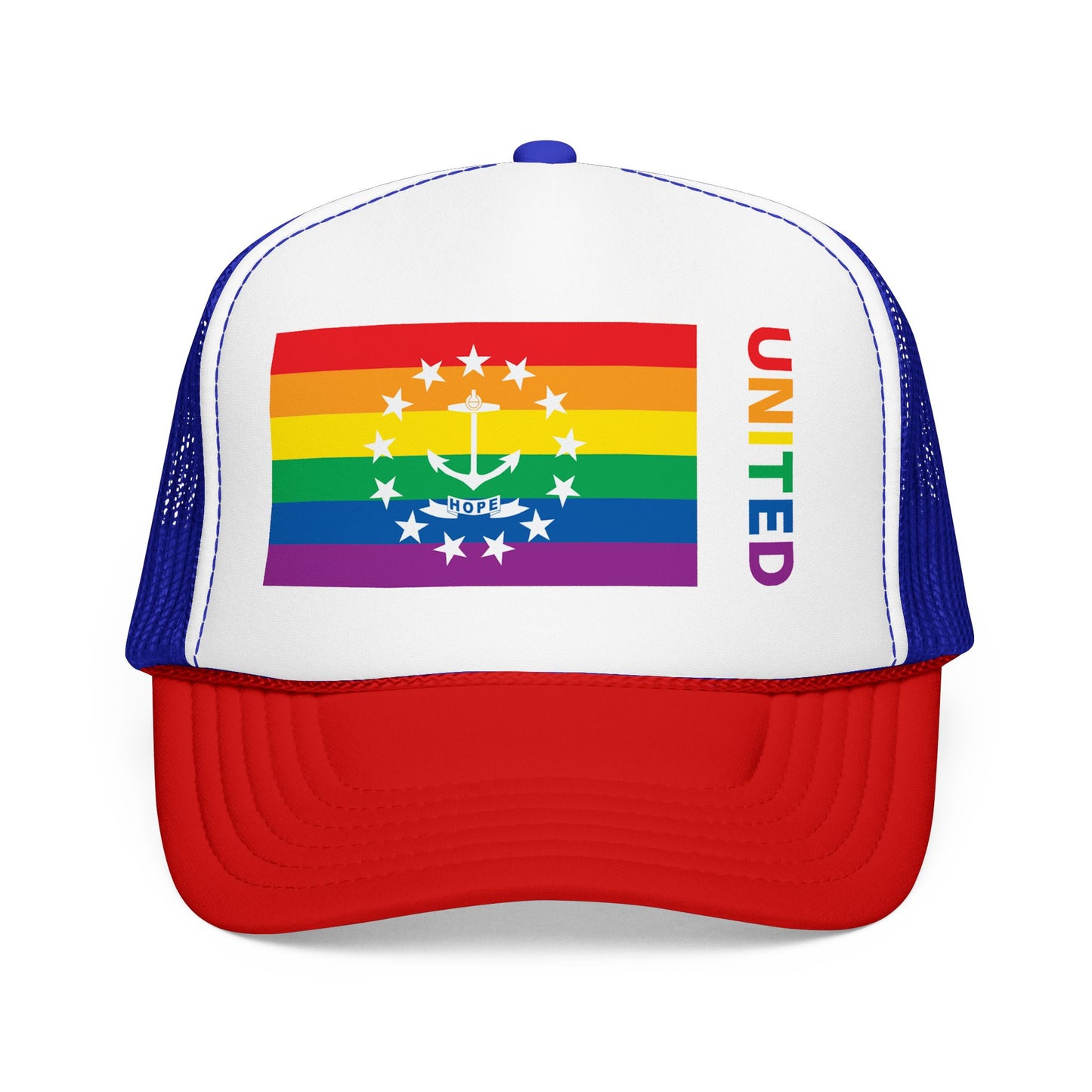 Rhode Island Rainbow Pride Flag "UNITED" Printed Foam Trucker Hat, Several Color Options