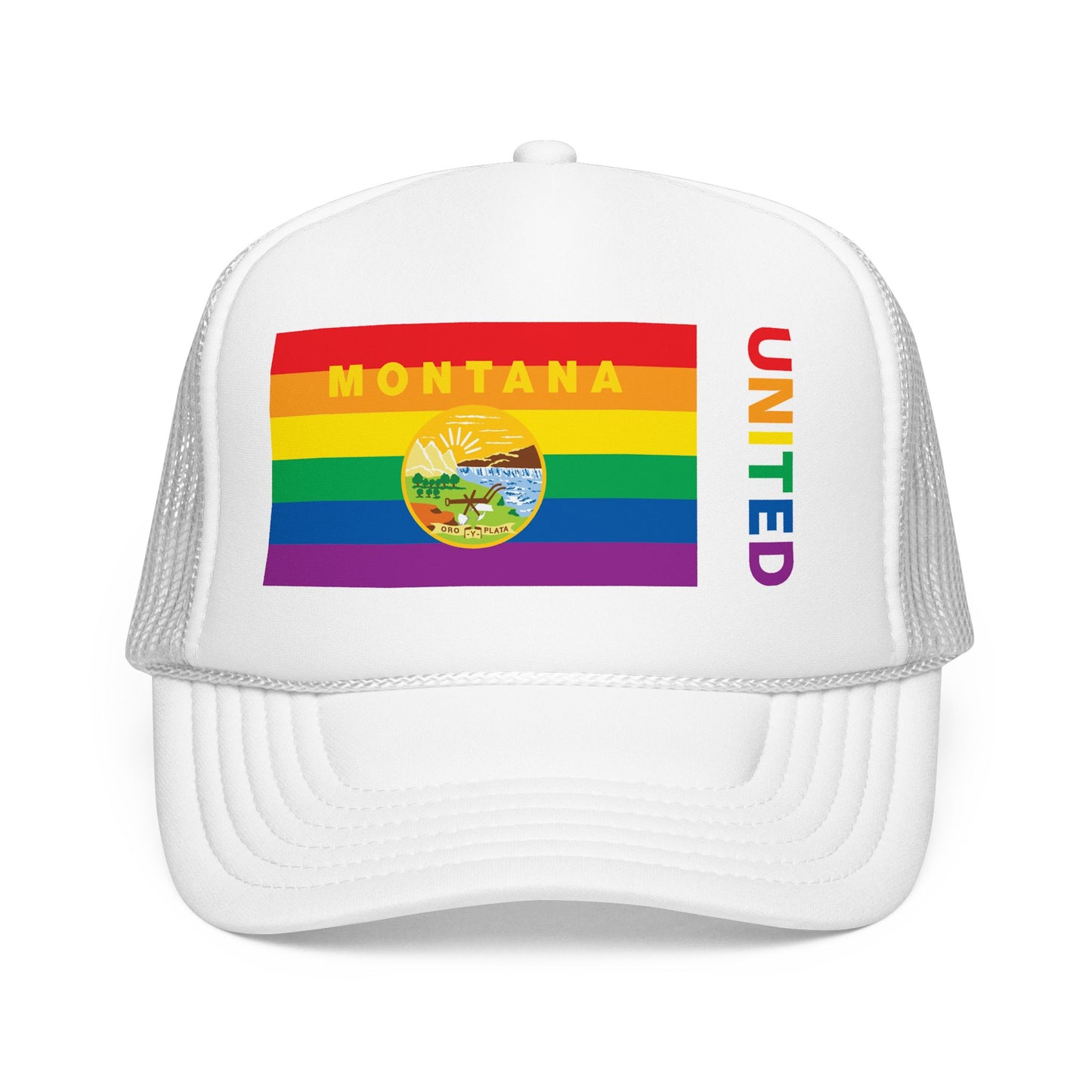 Montana Rainbow Pride Flag "UNITED" Printed Foam Trucker Hat, Several Color Options
