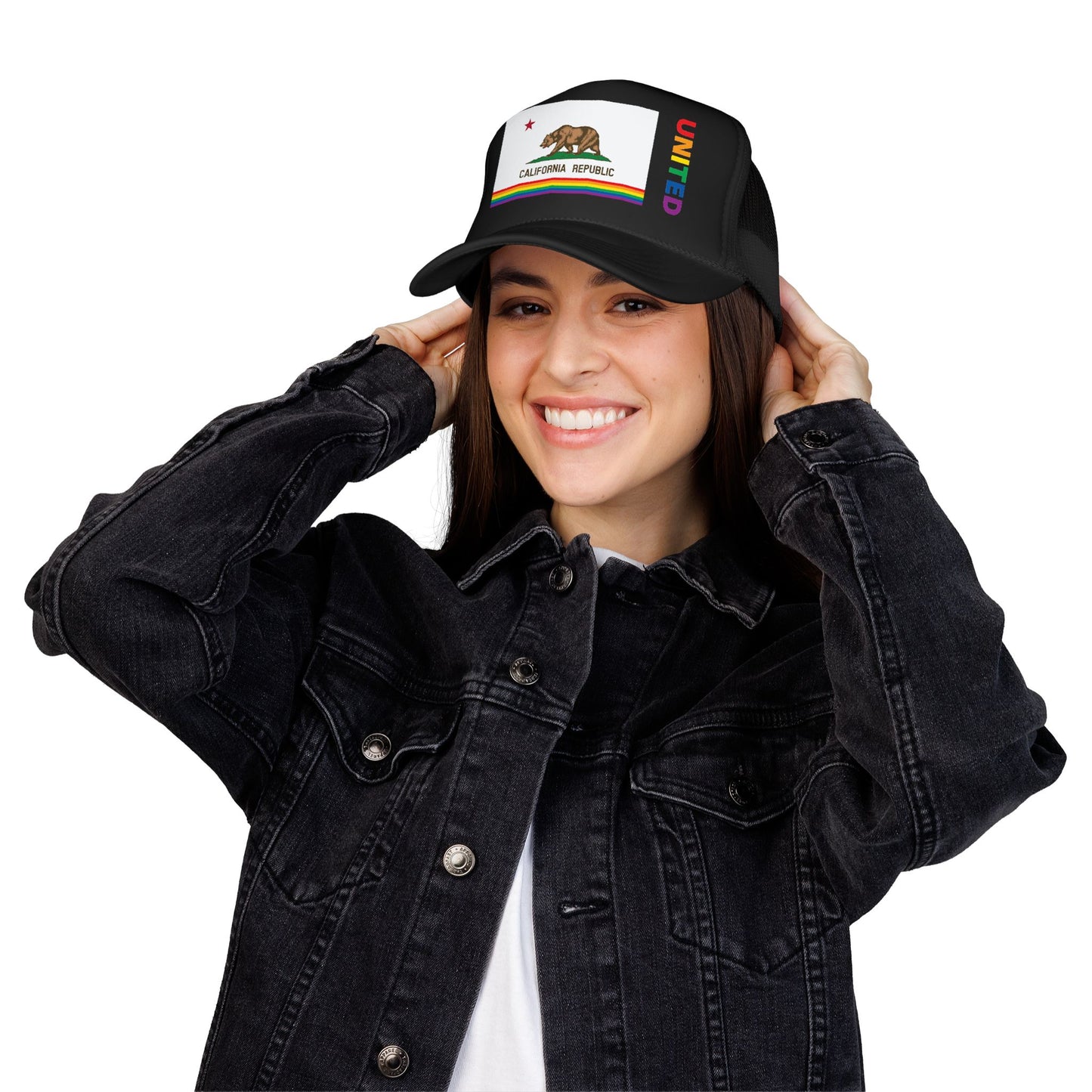 California Rainbow Pride Flag "UNITED" Printed Foam Trucker Hat, Several Color Options
