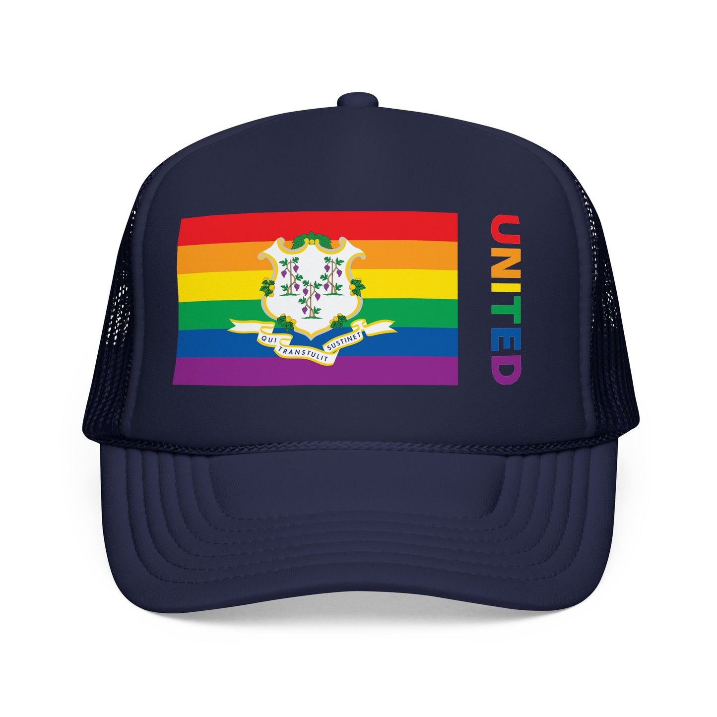Connecticut Rainbow Pride Flag "UNITED" Printed Foam Trucker Hat, Several Color Options