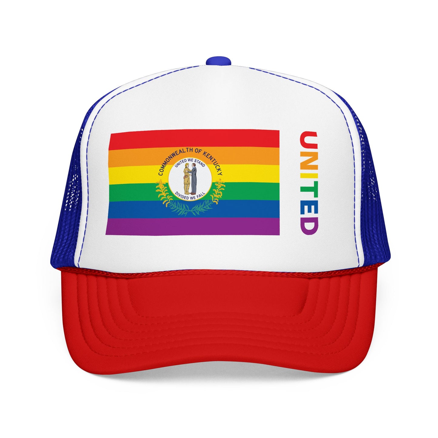 Kentucky Rainbow Pride Flag "UNITED" Printed Foam Trucker Hat, Several Color Options