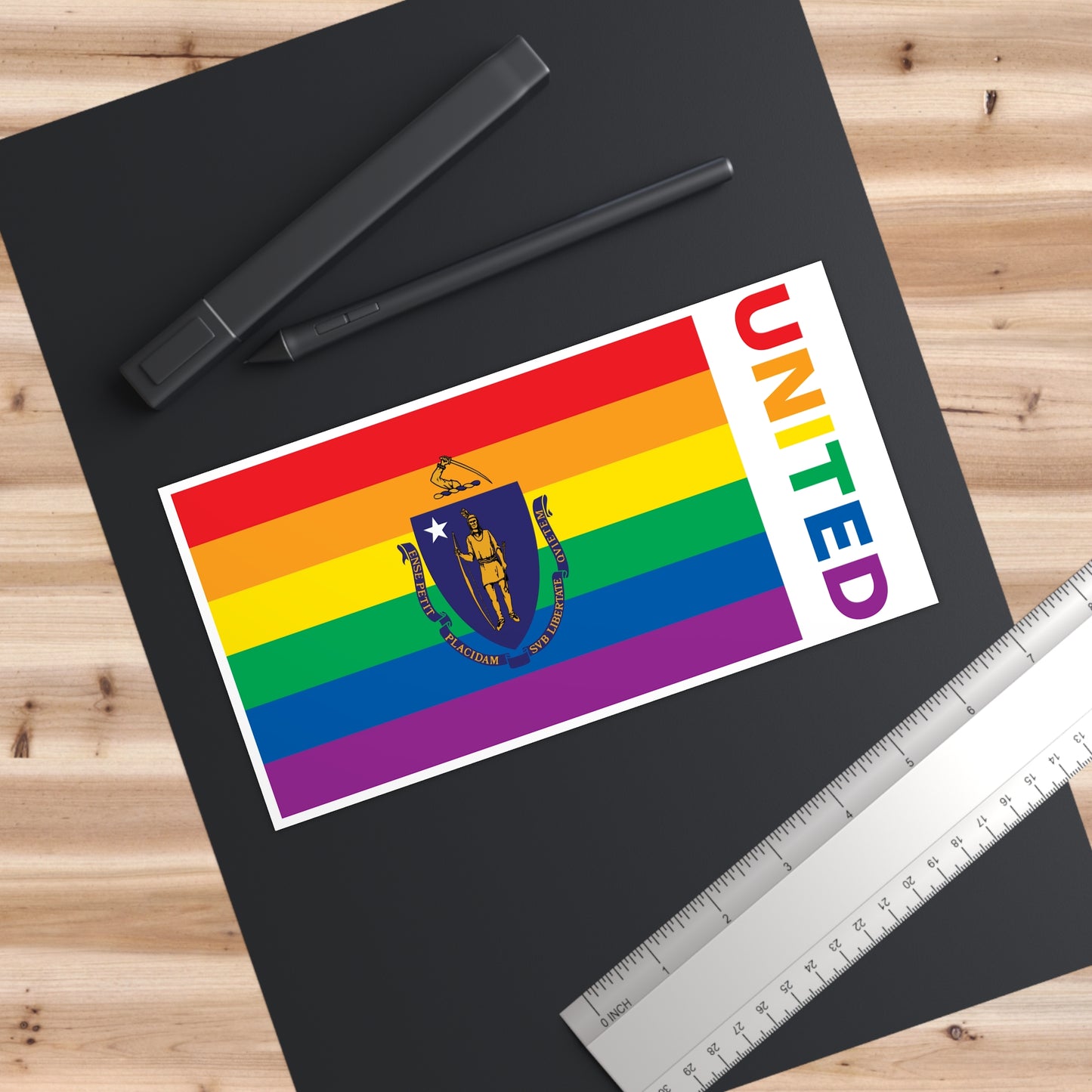 Massachusetts Rainbow Pride Flag "UNITED" Bumper Sticker