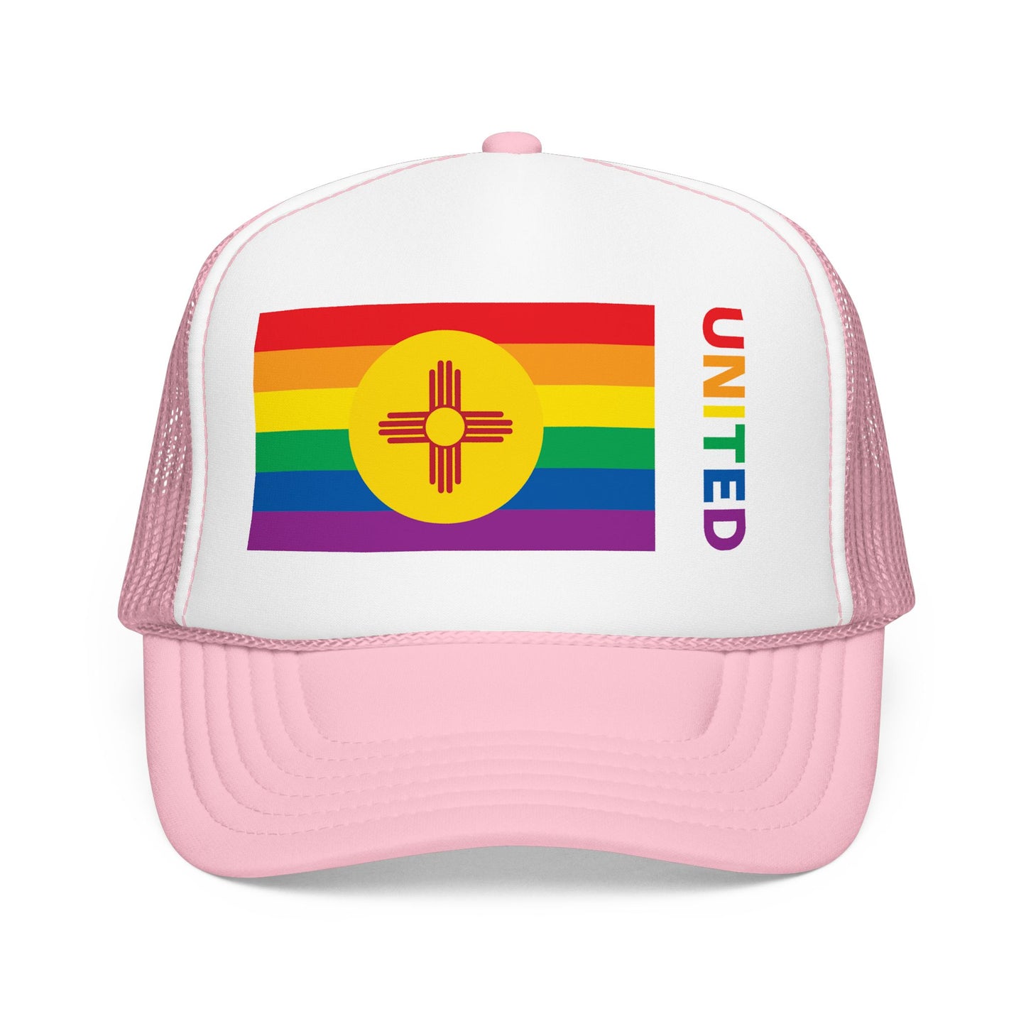 New Mexico Rainbow Pride Flag "UNITED" Printed Foam Trucker Hat, Several Color Options