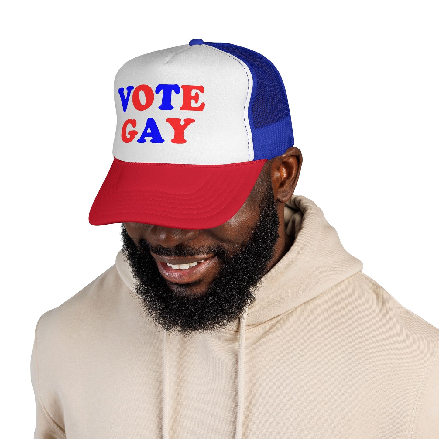 VOTE GAY Trucker Cap: Red, White & Blue — LGBTQIA+ Rights & Equality Statement Hat